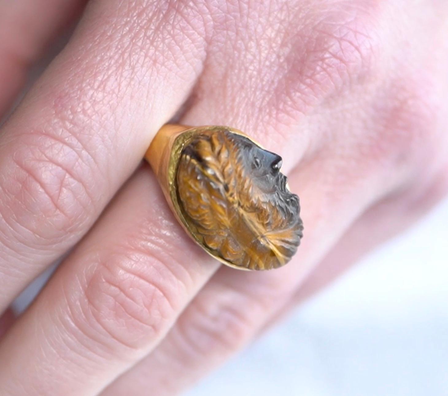 27 Carat Carved Zeus Face Tiger's Eye Statement Ring, 24k Yellow Gold & Sterling In New Condition In Bozeman, MT