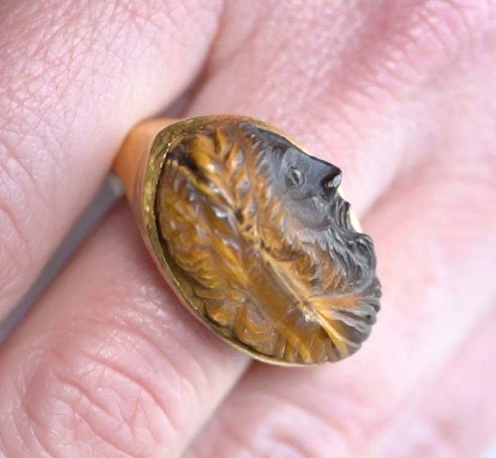 Women's or Men's 27 Carat Carved Zeus Face Tiger's Eye Statement Ring, 24k Yellow Gold & Sterling