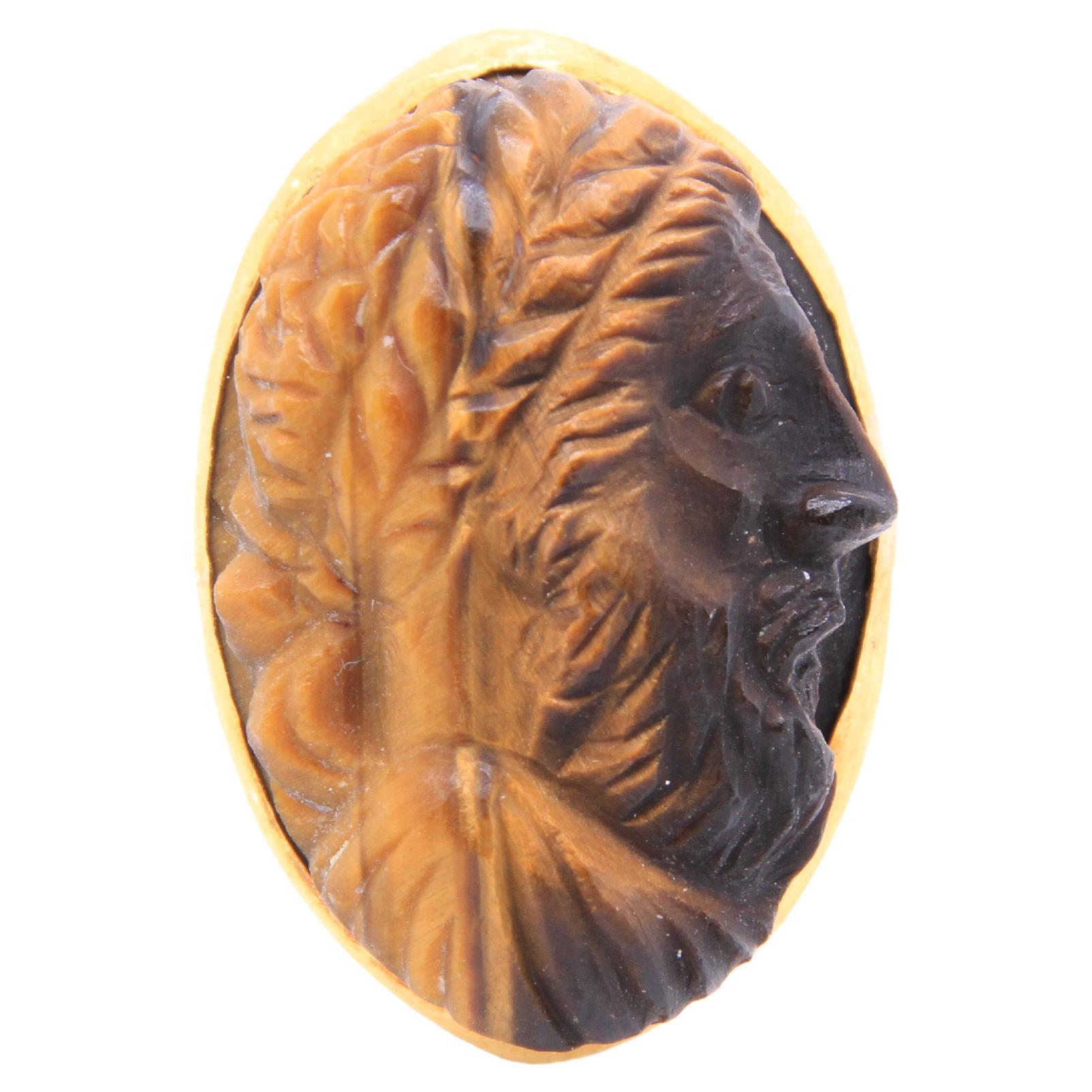 27 Carat Carved Zeus Face Tiger's Eye Statement Ring, 24k Yellow Gold & Sterling