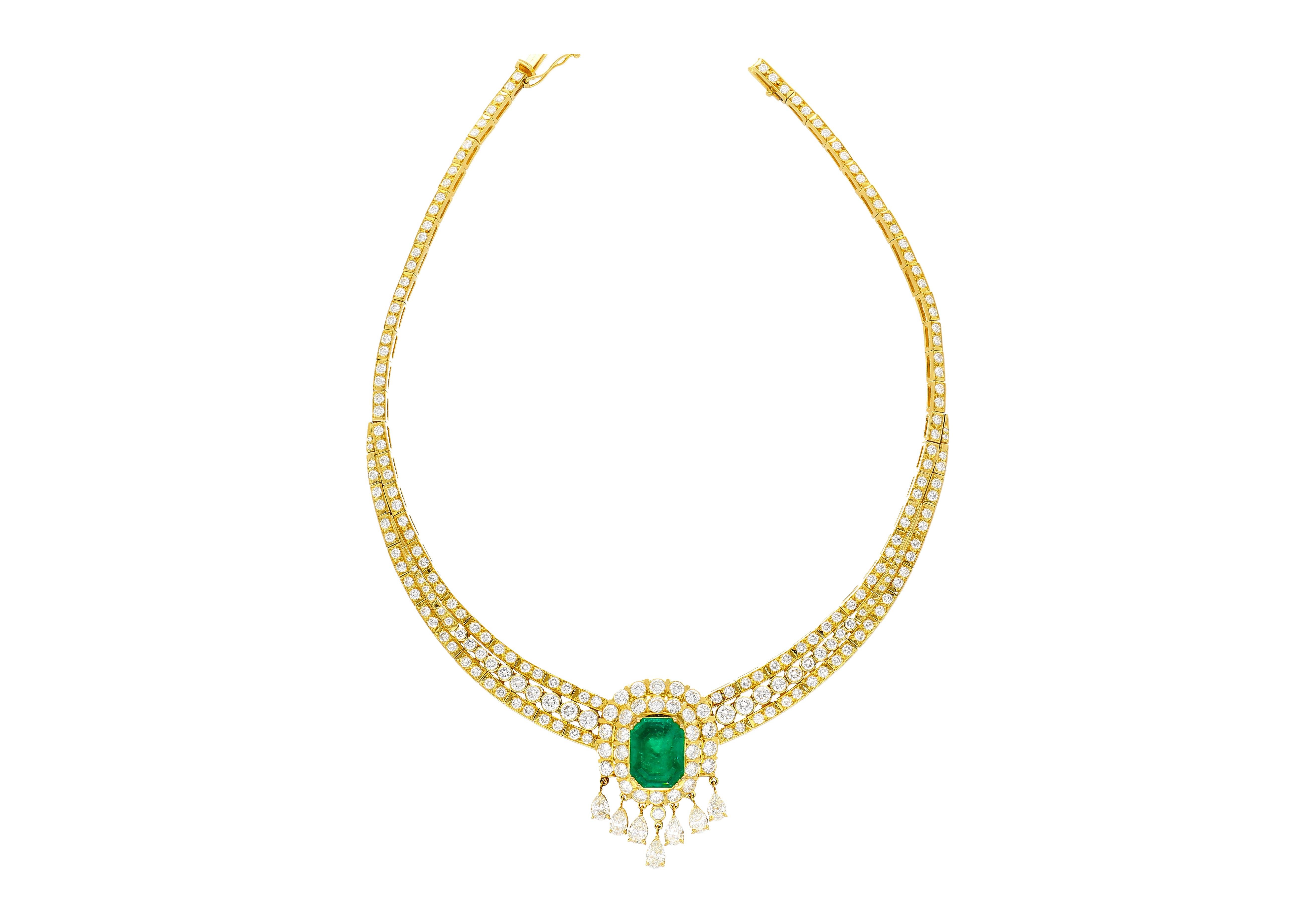 27.42 Carat total natural Colombian emerald and diamond chandelier regal design choker necklace in 18k solid yellow gold. The Emerald is eye-clean, full of life, and has no sruface level inclusions. Bearing insignificant oil treatment and GRS