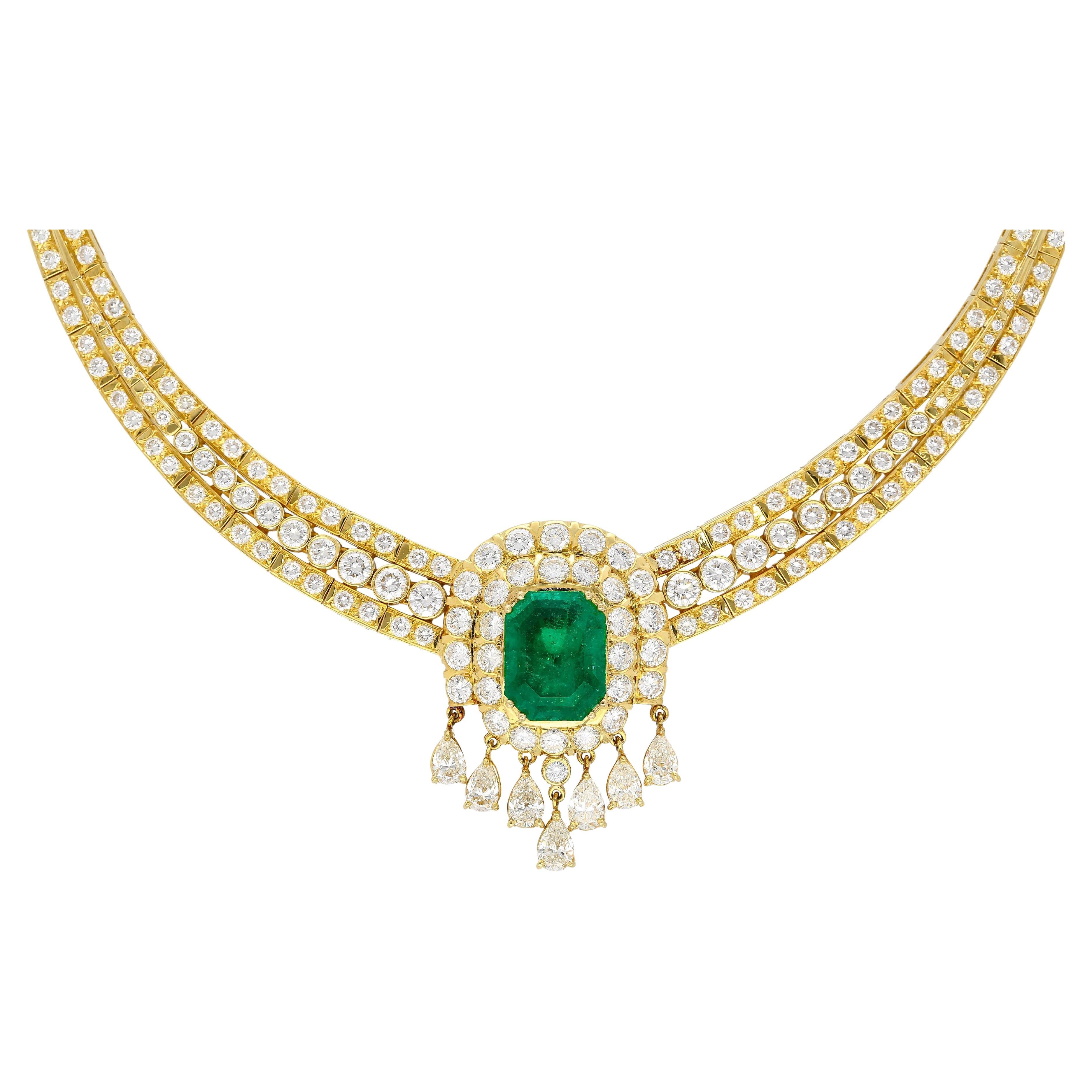 27 Carat Colombian Emerald & Diamond Chandelier Regal Choker Necklace in 18k For Sale