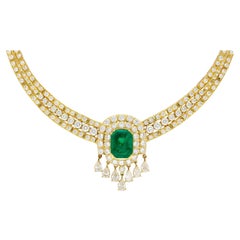 Retro 27 Carat Colombian Emerald & Diamond Chandelier Regal Choker Necklace in 18k