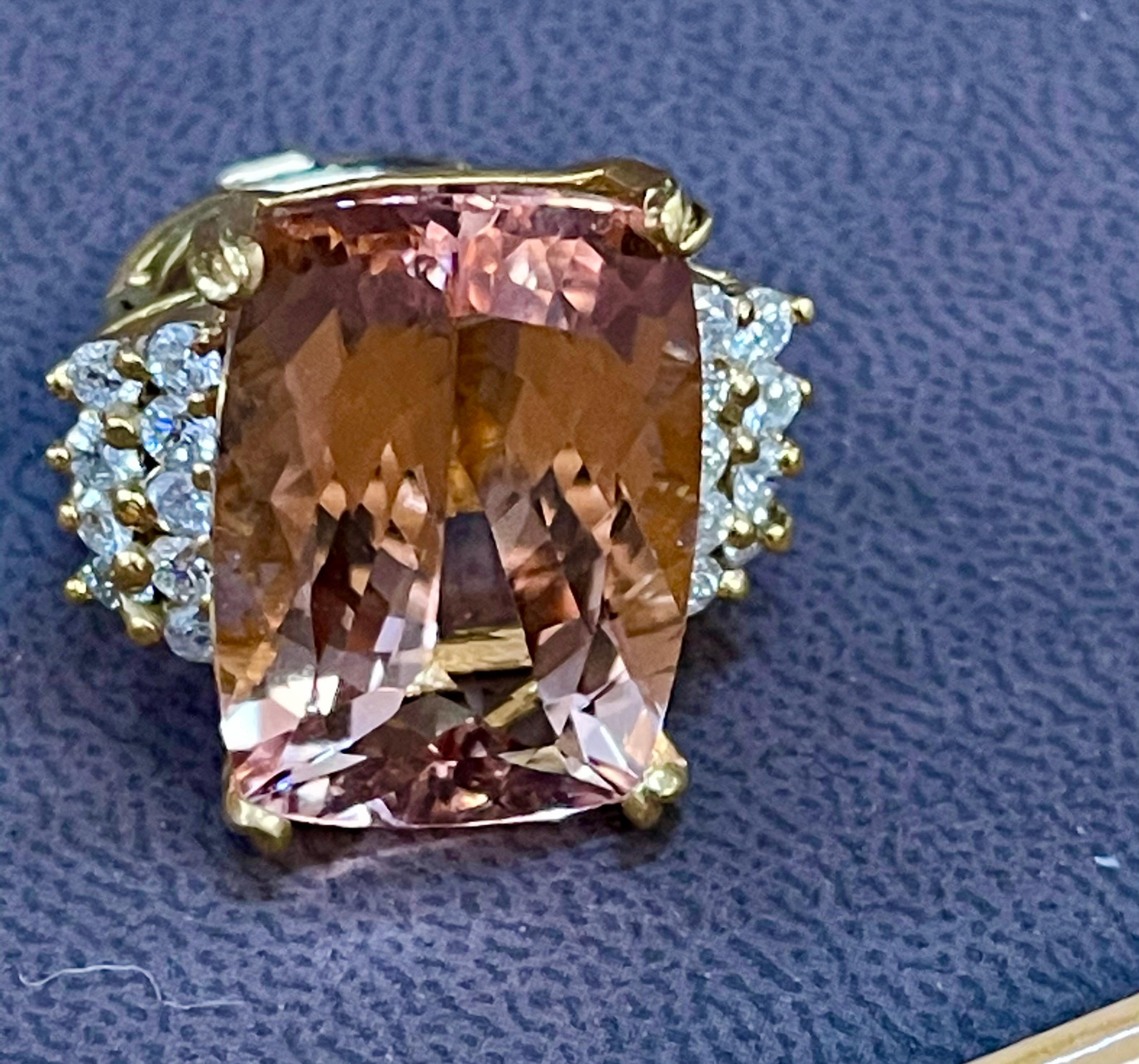 27 Carat Cushion Shape Morganite & Diamond Cocktail Ring 14 Karat Yellow Gold 6