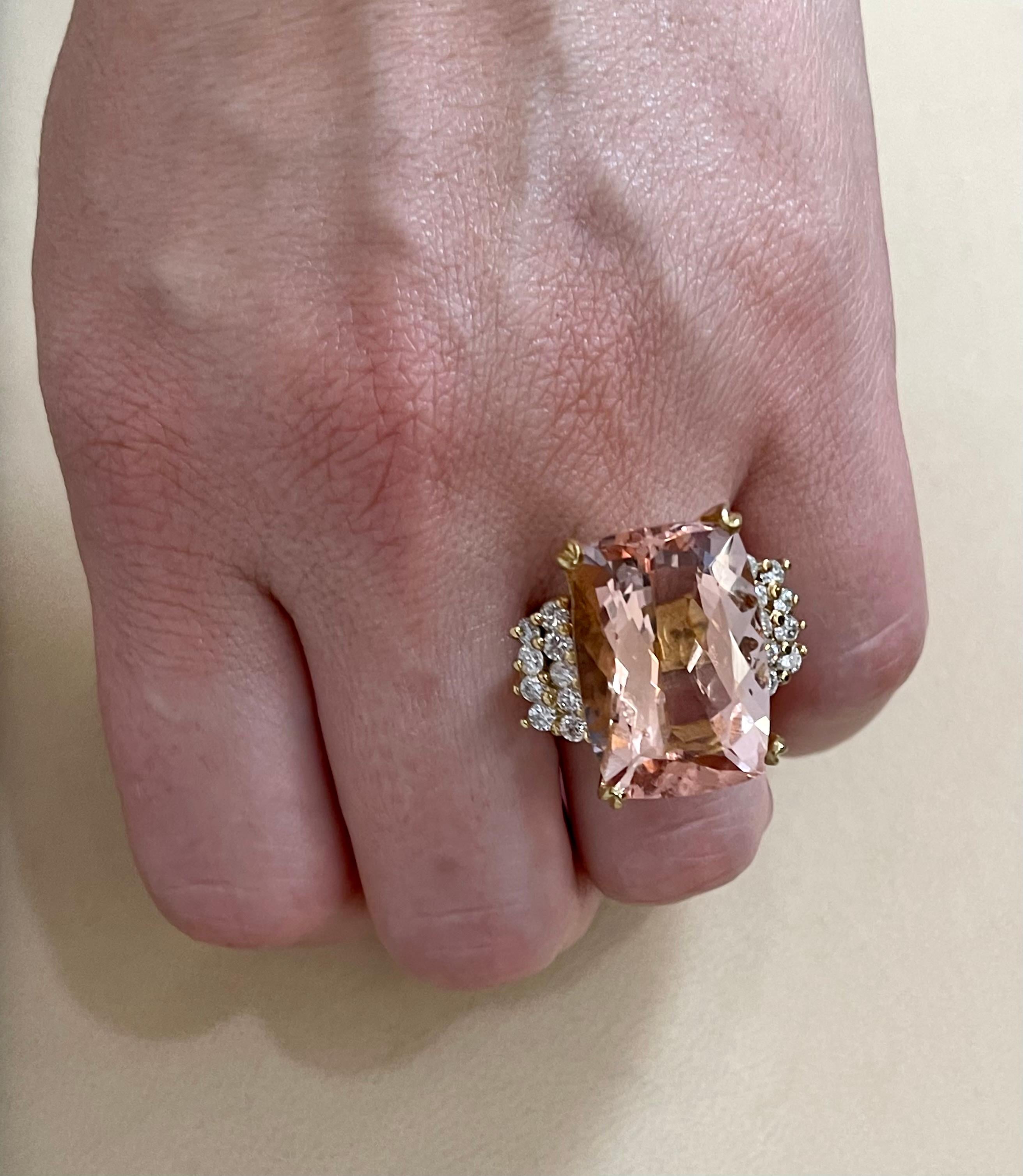 27 Carat Cushion Shape Morganite & Diamond Cocktail Ring 14 Karat Yellow Gold 10