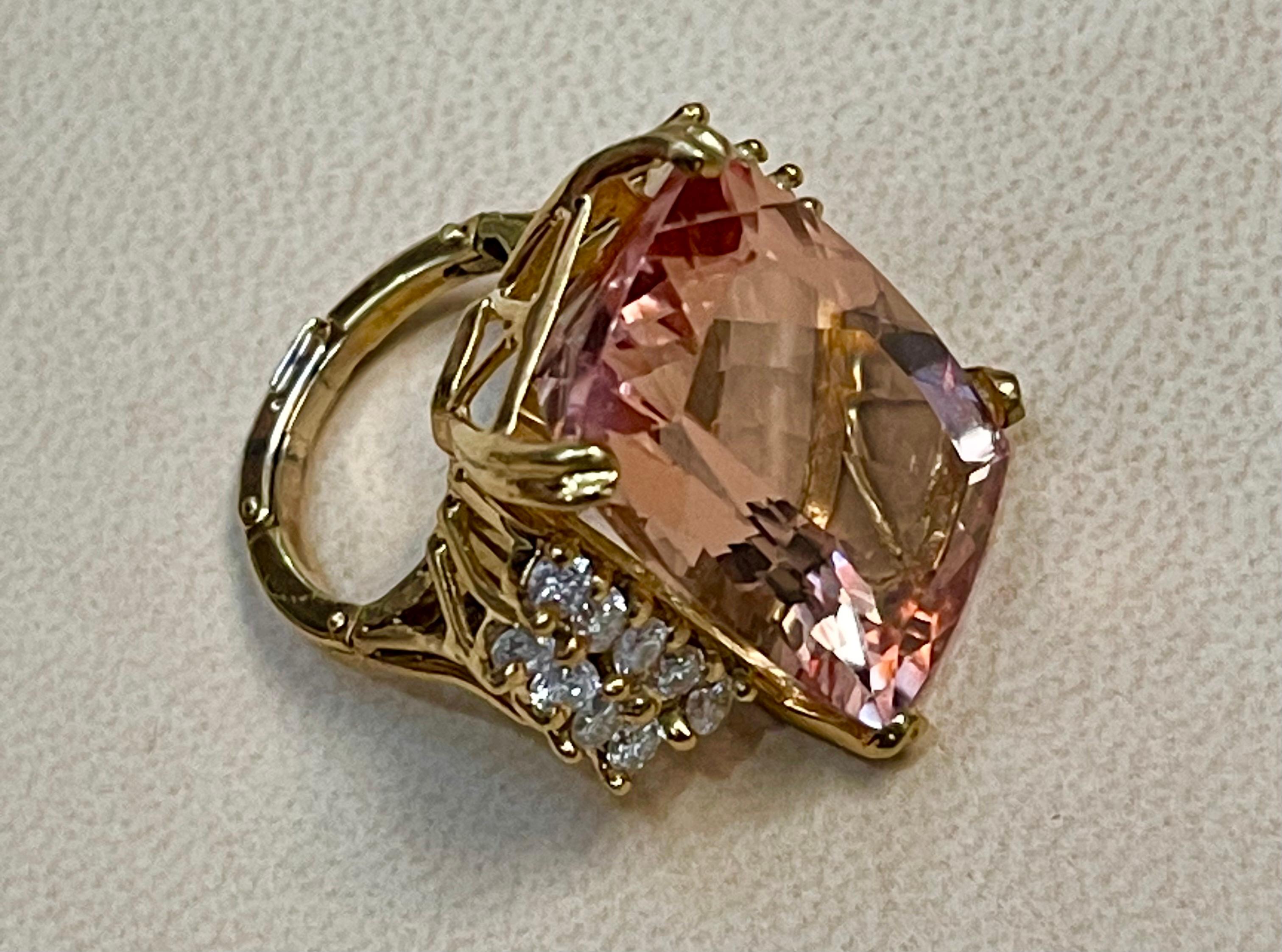 27 Carat Cushion Shape Morganite & Diamond Cocktail Ring 14 Karat Yellow Gold In Excellent Condition In New York, NY