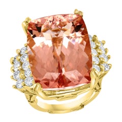 27 Carat Cushion Shape Morganite & Diamond Cocktail Ring 14 Karat Yellow Gold