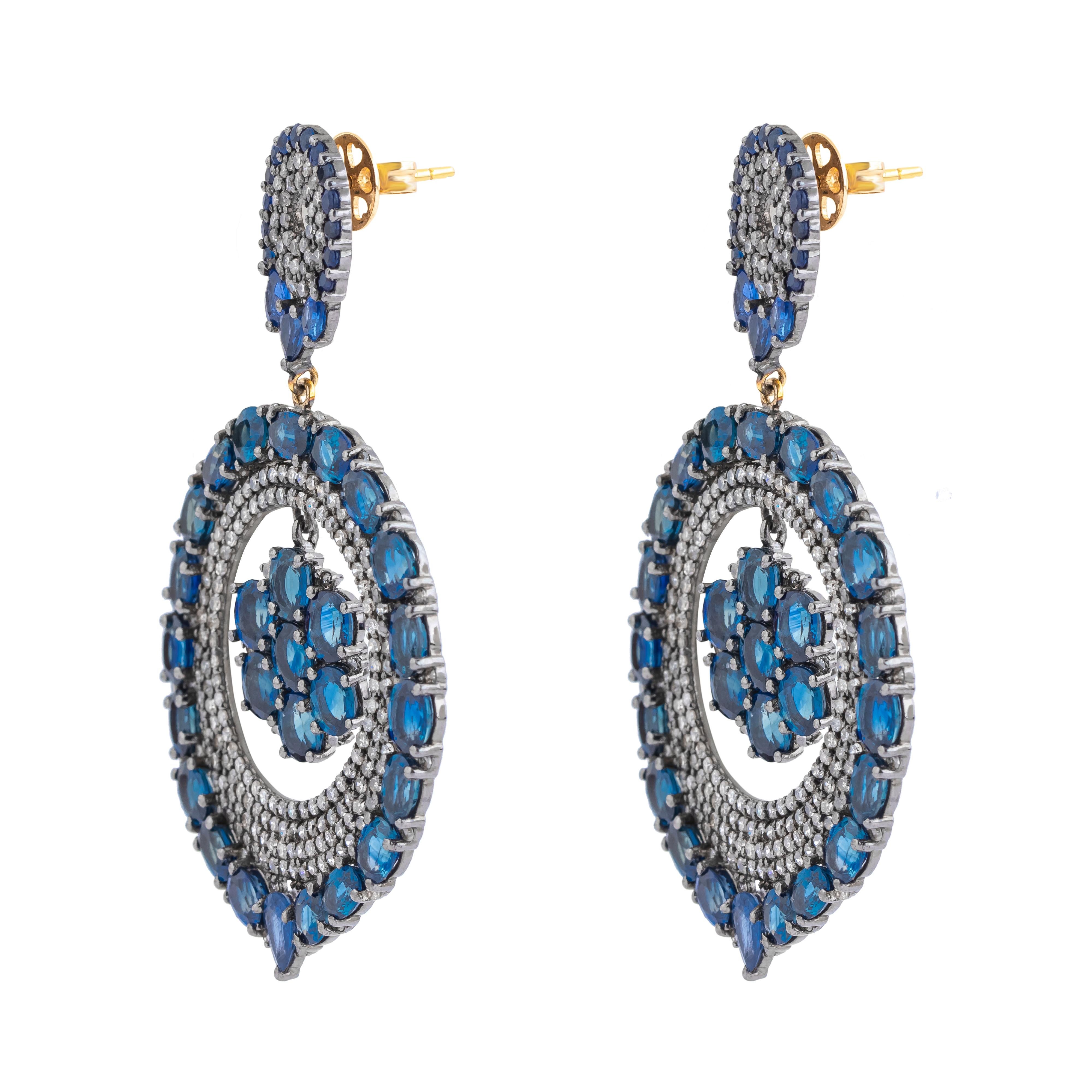 Round Cut 27 Carat Diamond and Sapphire Modern Cocktail Earrings For Sale