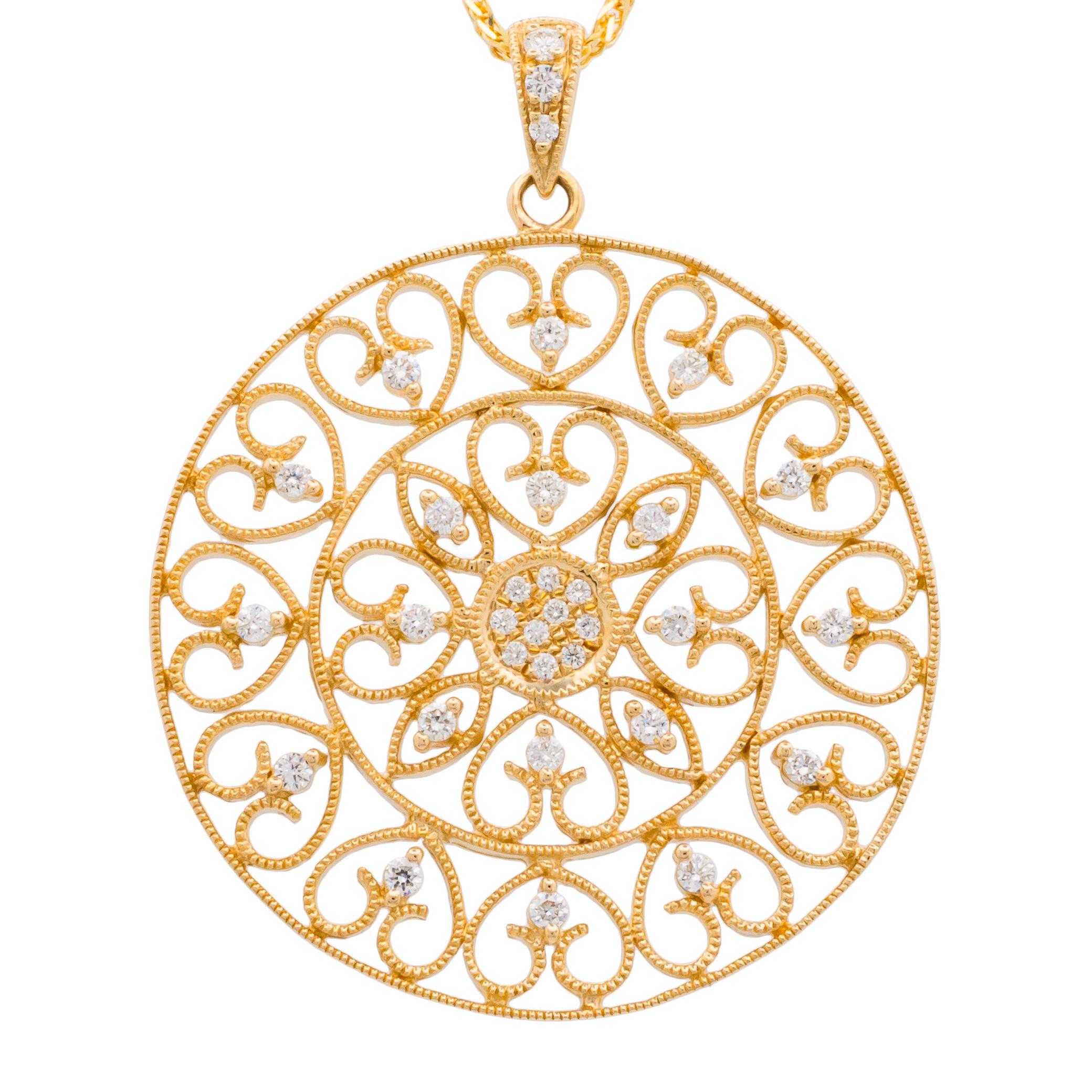Crafted with exquisite attention to detail, this pendant necklace features 32 round brilliant cut diamonds, set in a 14k yellow gold wire filigree frame. The warmth of the yellow gold setting complements the brilliance of the diamonds. The diamonds