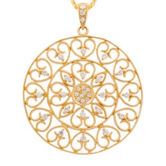 .27 Carat Diamond Yellow Gold Studded Filigree Disc Pendant Necklace