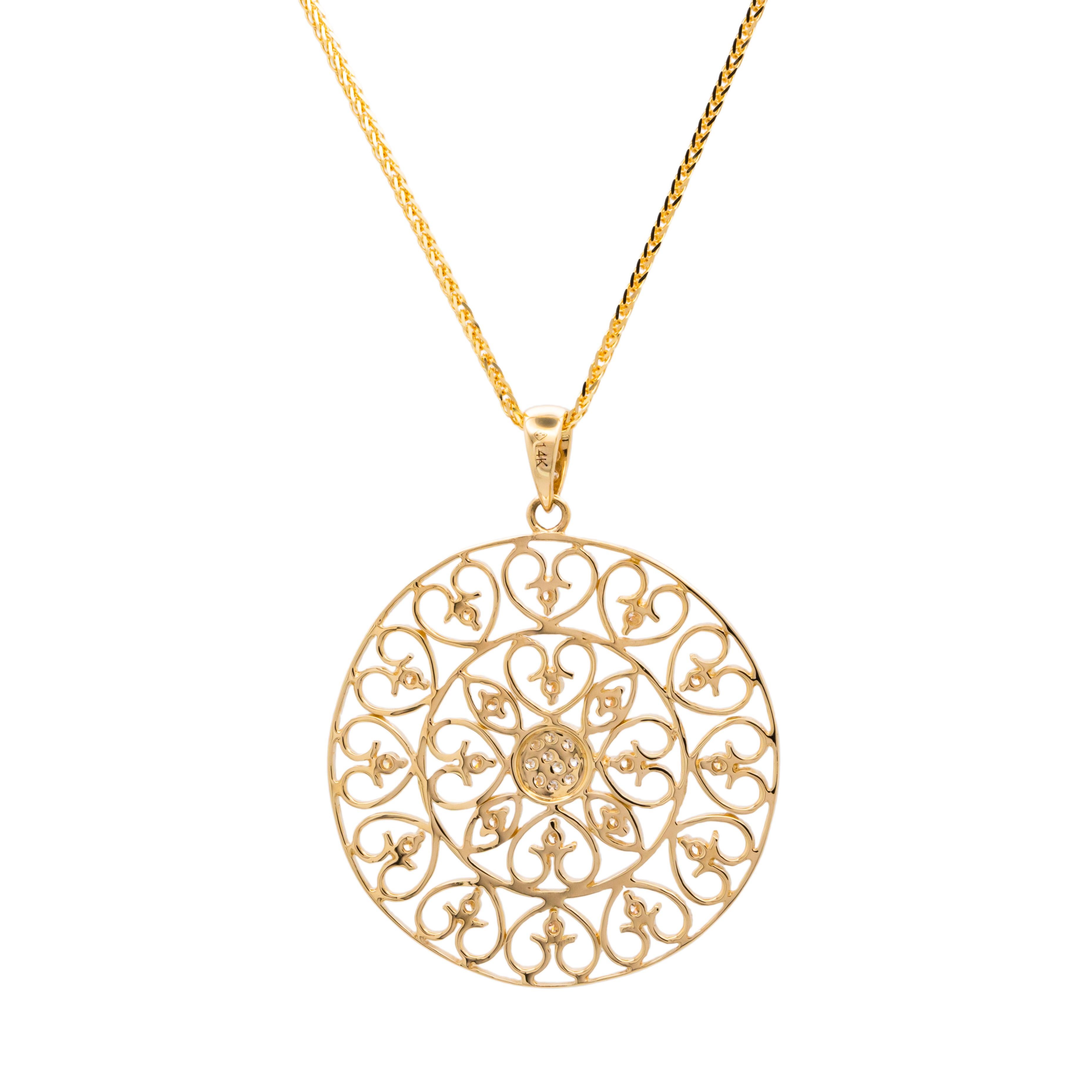 Round Cut .27 Carat Diamond Yellow Gold Studded Filigree Disc Pendant Necklace For Sale