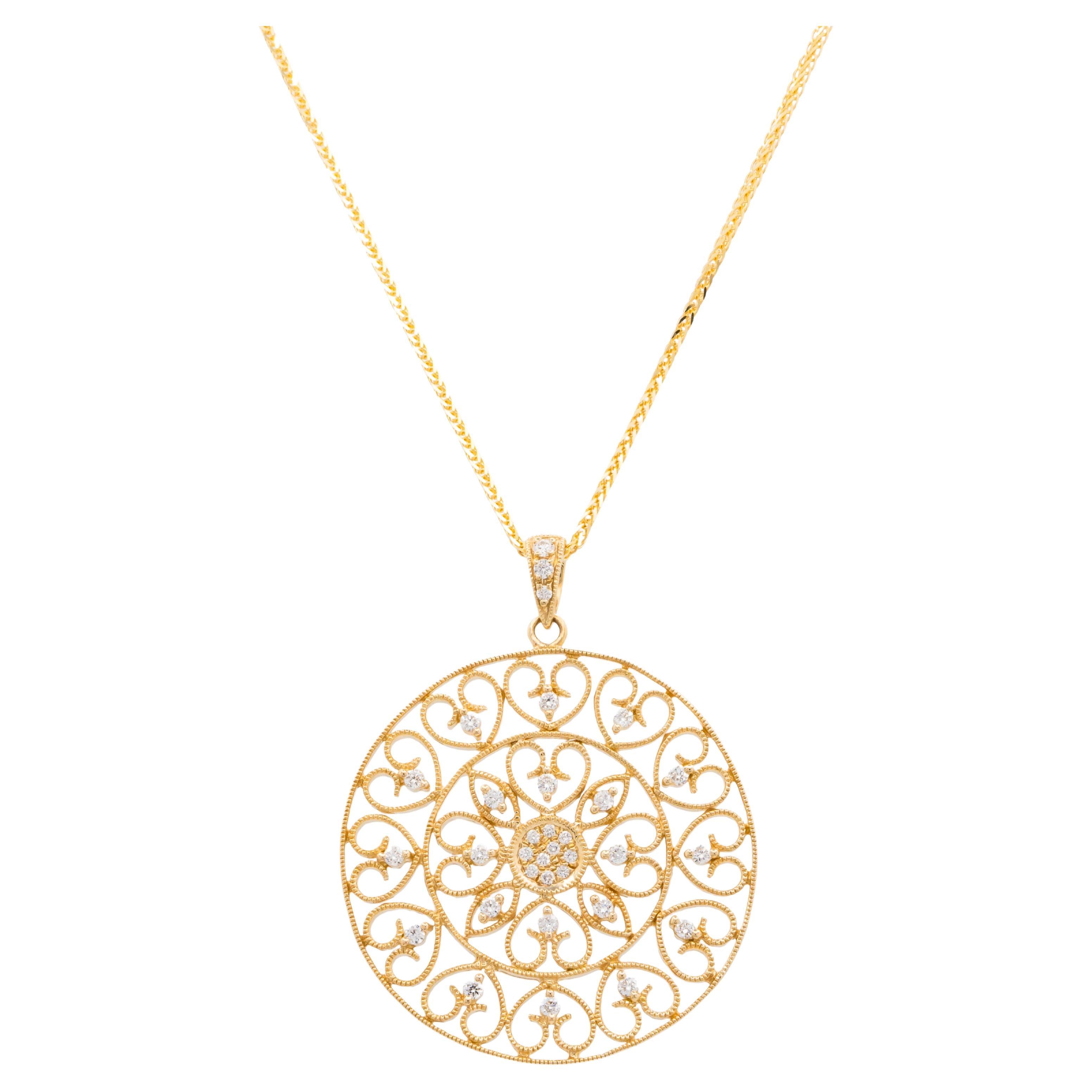 .27 Carat Diamond Yellow Gold Studded Filigree Disc Pendant Necklace  For Sale