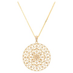 .27 Carat Diamond Yellow Gold Studded Filigree Disc Pendant Necklace 