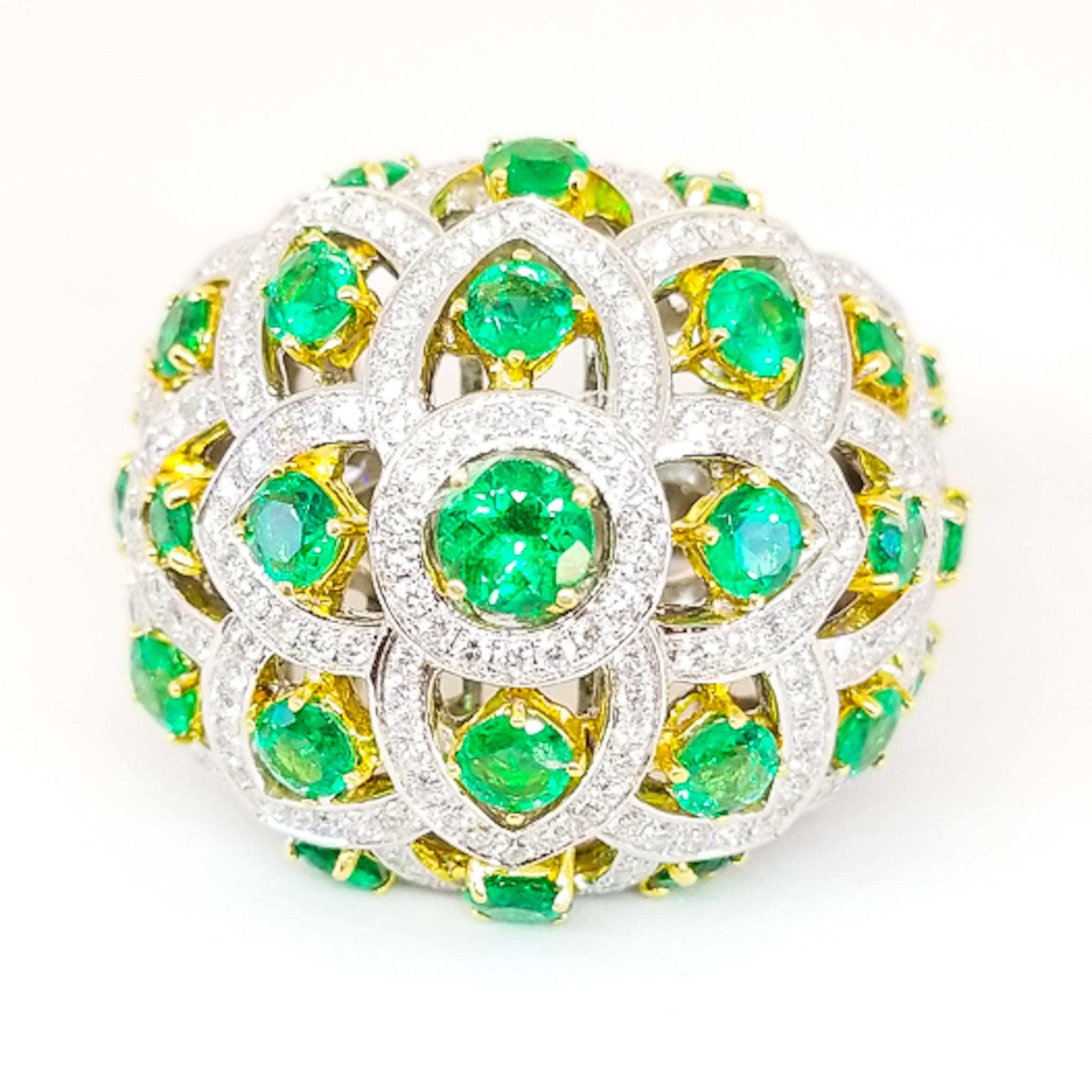 A 4.50 Carat total weight Round Brilliant cut, Gem Quality Emerald and Diamond Ring is created in the large Bombe, or Dome Style for Classic Style and Flash. The Lotus Flower Petal pattern consists of 2.70 Carats of Natural Emeralds of clean, grass