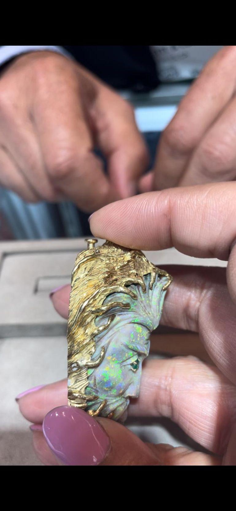 Pendentif bague avec opale d'émeraude et diamant de 27 carats, rare opale de Andamoka sculptée en vente 7
