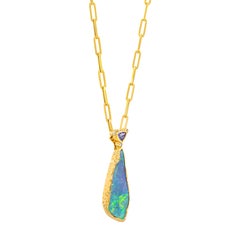 27 Carat Freeform Australian Boulder Opal with Tanzanite and Diamond Pendant 18K
