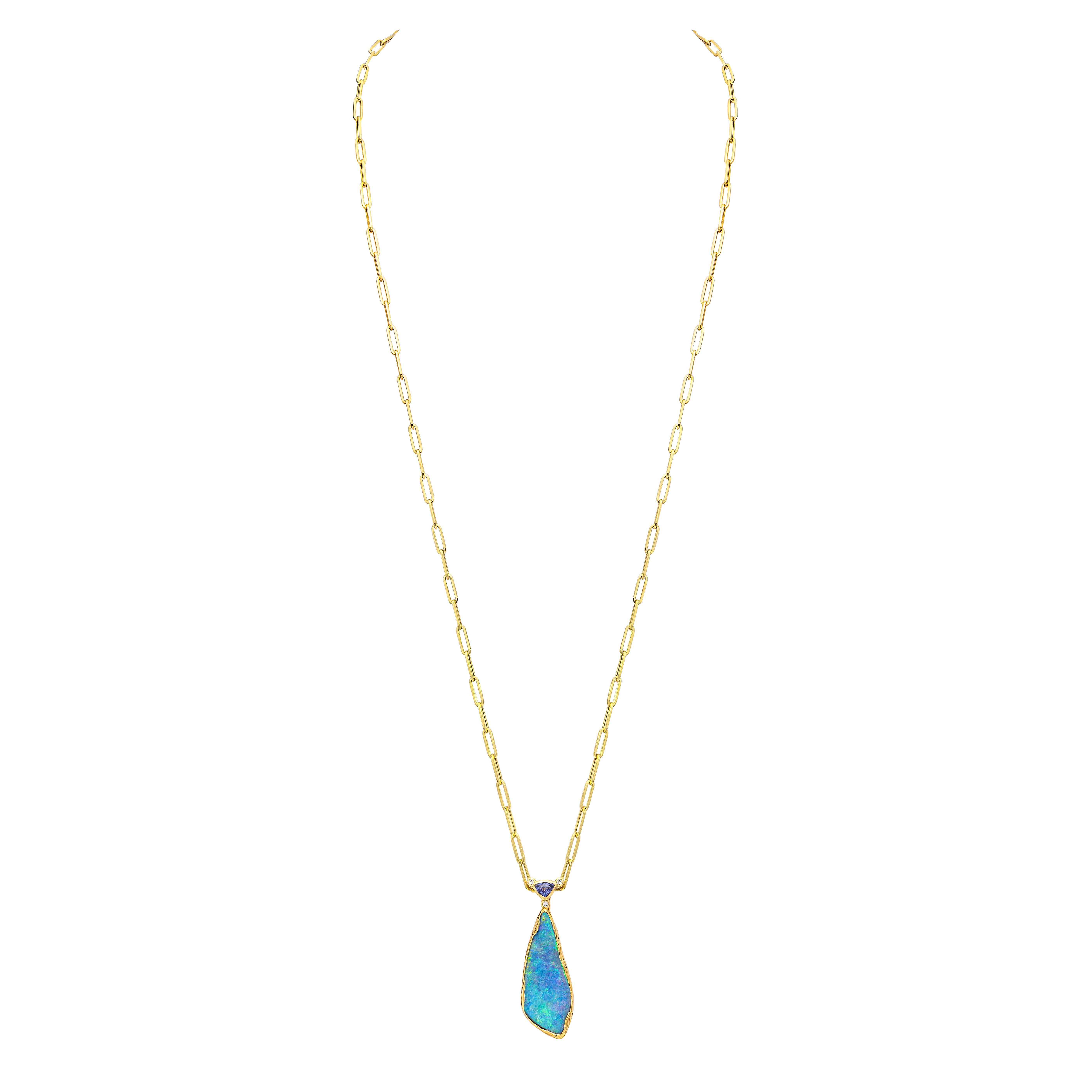 27 Karat australischer Boulder-Opal in Freiform mit Tansanit und Diamant-Anhänger 18K (Moderne) im Angebot