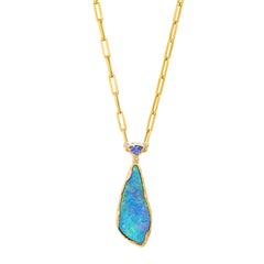 27 Carat Freeform Australian Boulder Opal with Tanzanite and Diamond Pendant 18K