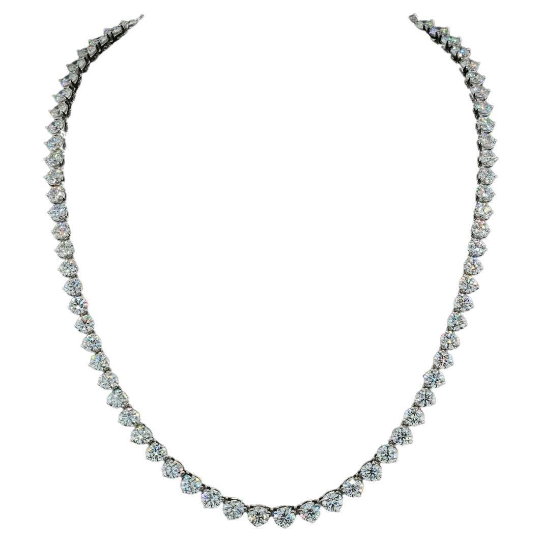 Modern 27 Carat Graduated Tennis Necklace in with 3-Prong Set Round Diamonds For Sale