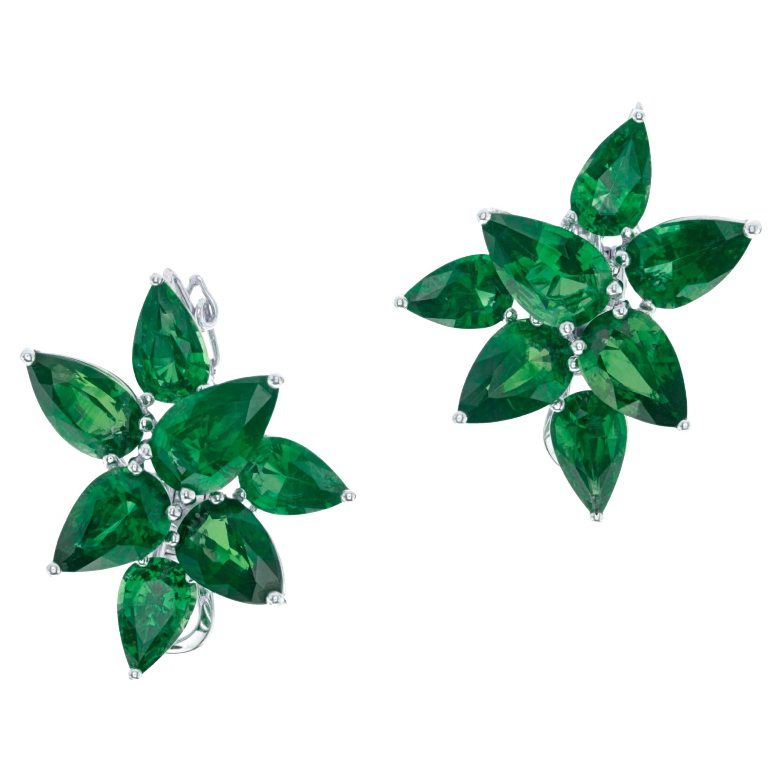 27 Carat Green Emerald Pear Cut Cluster Platinum Earrings