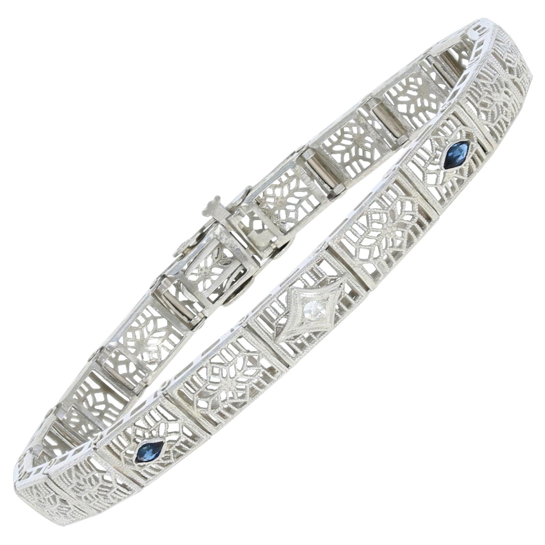 .27 Carat Marquise Simulated Sapphire and Diamond Art Deco Bracelet 14k Gold