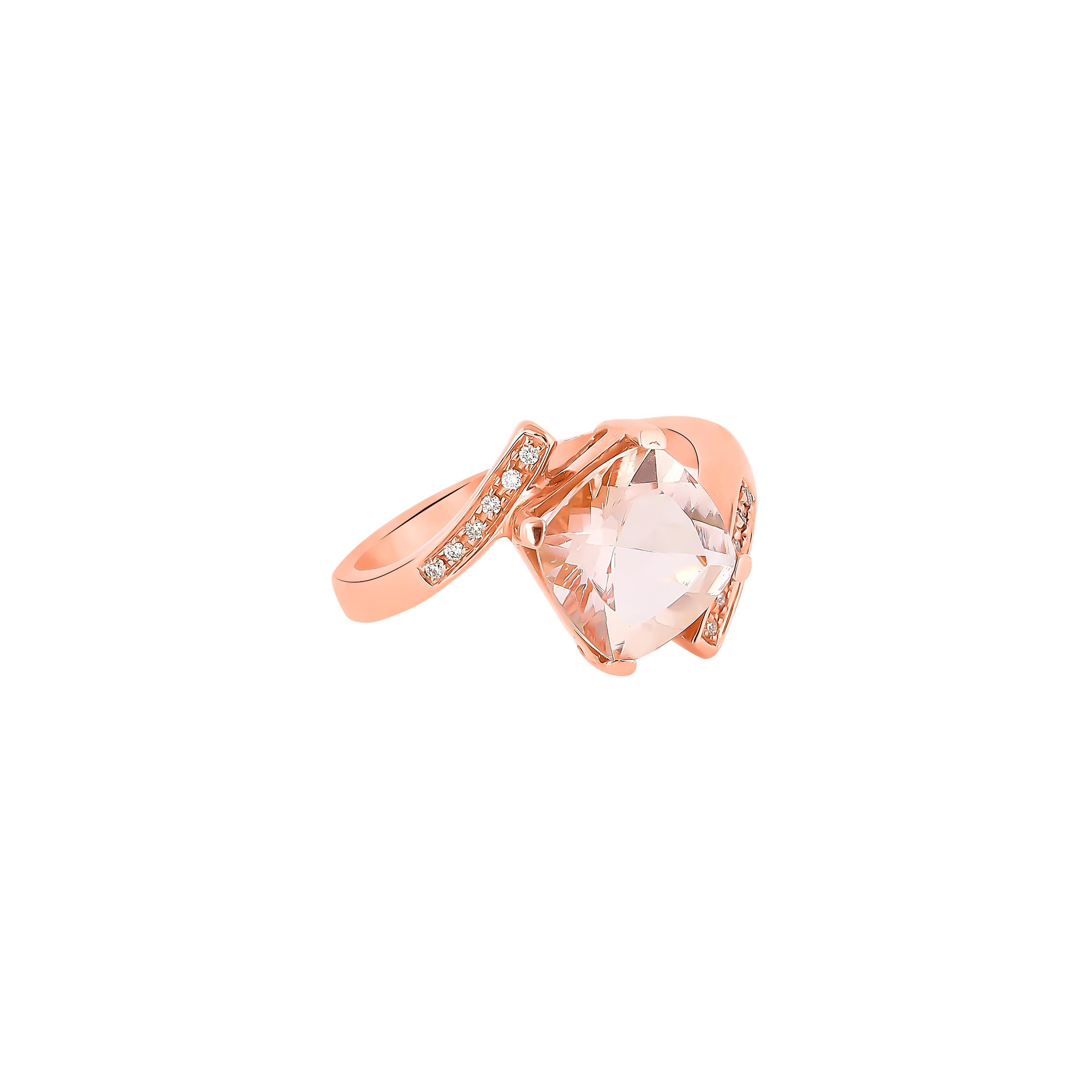 This collection features an array of magnificent morganites! Accented with diamonds these rings are made in rose gold and present a classic yet elegant look. 

Classic morganite ring in 18K rose gold with diamonds. 

Morganite: 2.73 carat cushion