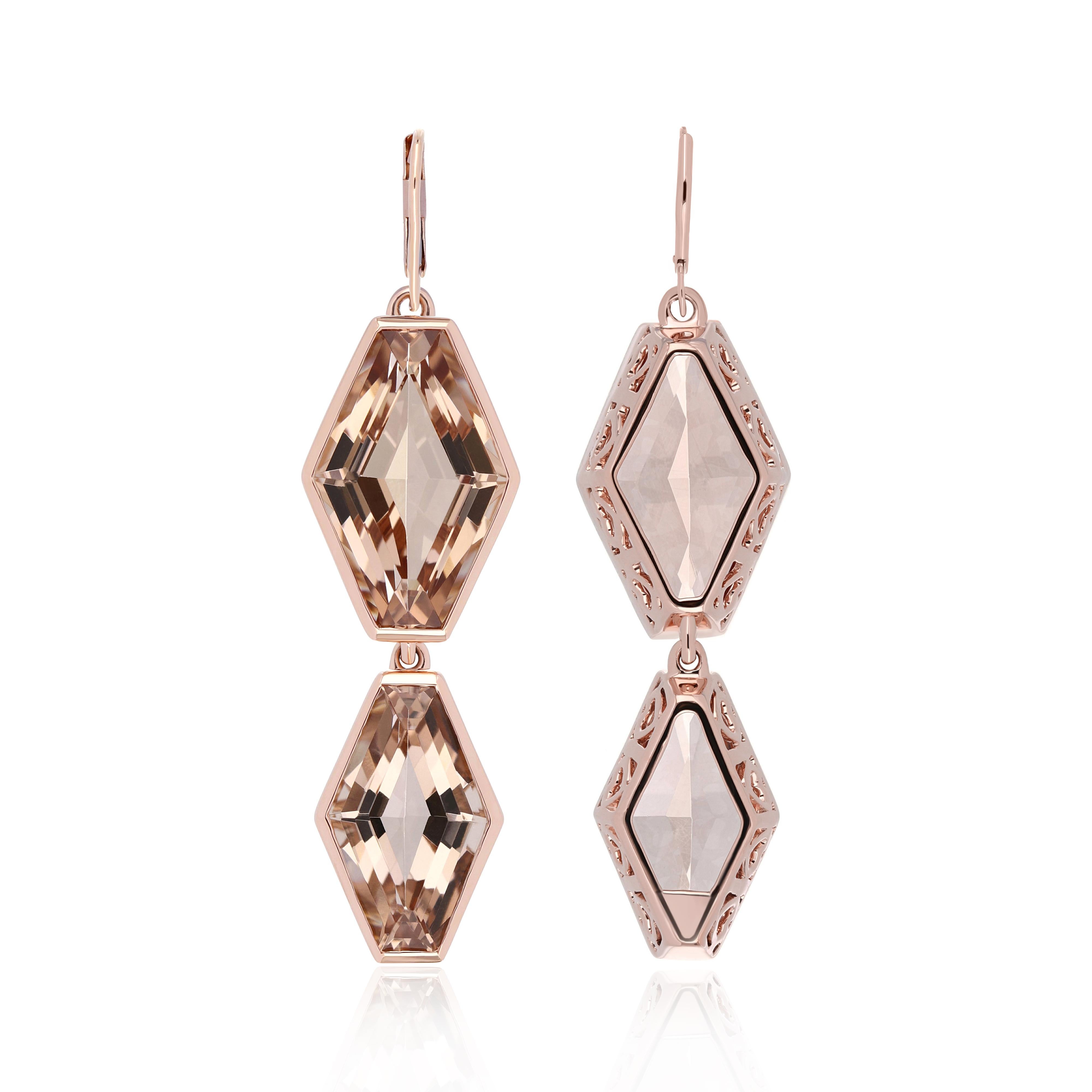 Esagono Orecchini tempestati di Morganite da 27 carati in oro rosa 14 carati Gioielli artigianali in vendita