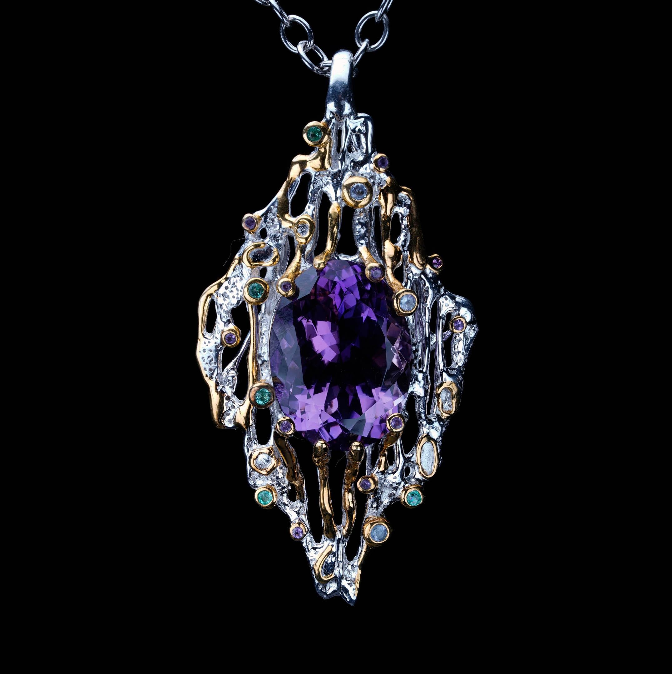 Pendentif 27 carats en améthyste ovale et pierres précieuses // argent sterling et or 14K en vente 1