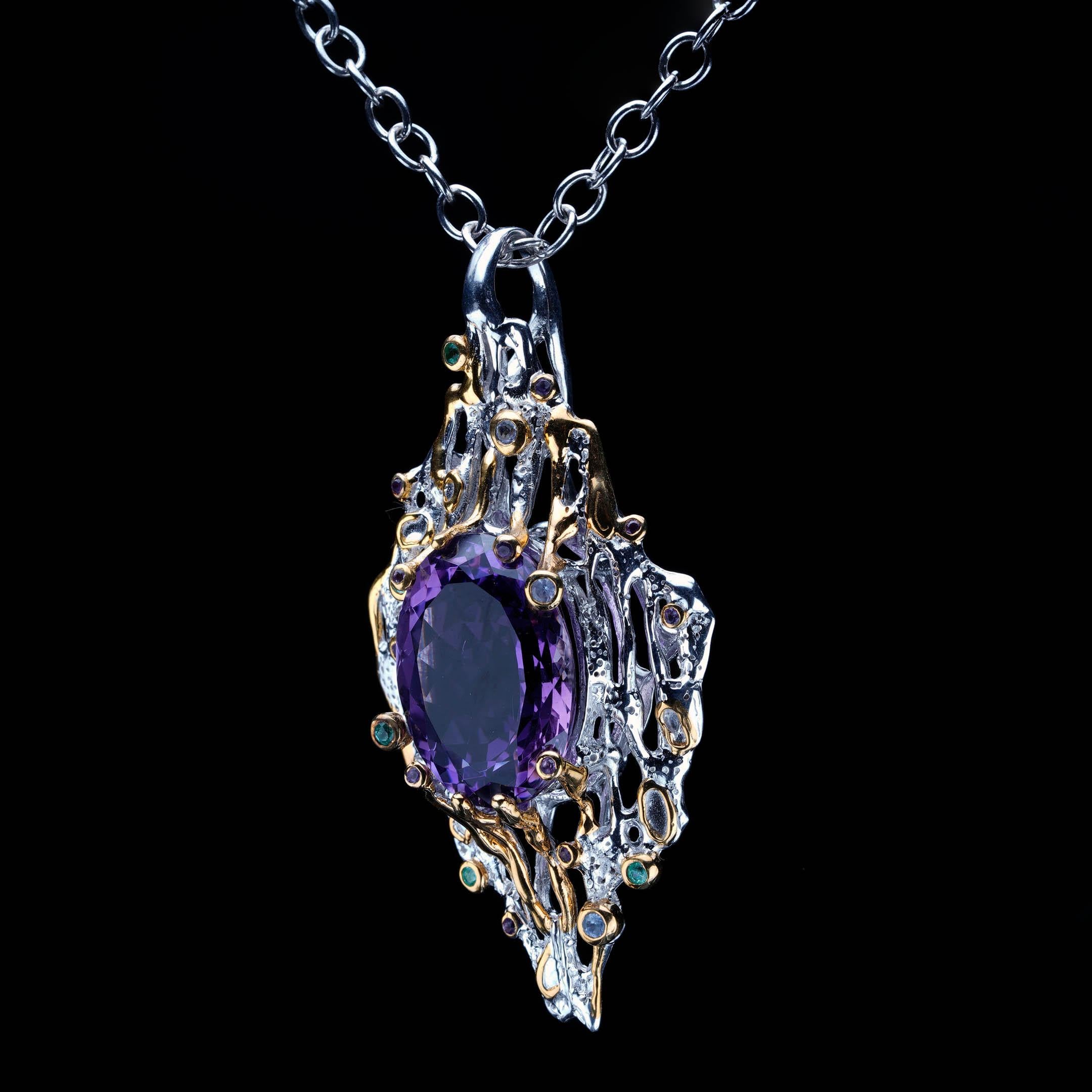 Pendentif 27 carats en améthyste ovale et pierres précieuses // argent sterling et or 14K en vente 2