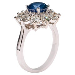 2.7 Carat Round Blue Sapphire 1.9 Carat Diamond 14 Karat Gold Floral Halo Ring