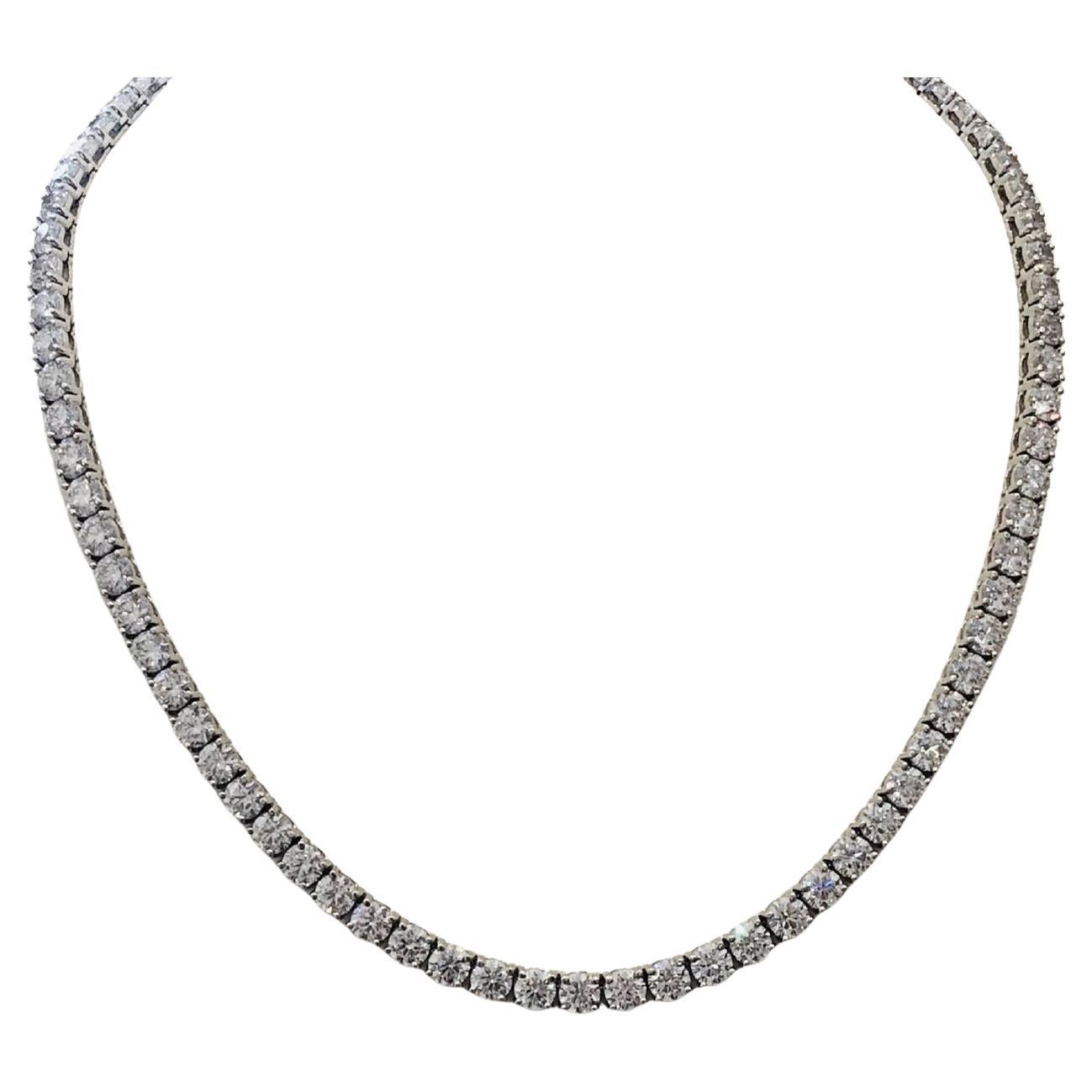 Round Cut 27 Carat Round Brilliant Cut Diamonds White Gold Tennis Necklace For Sale