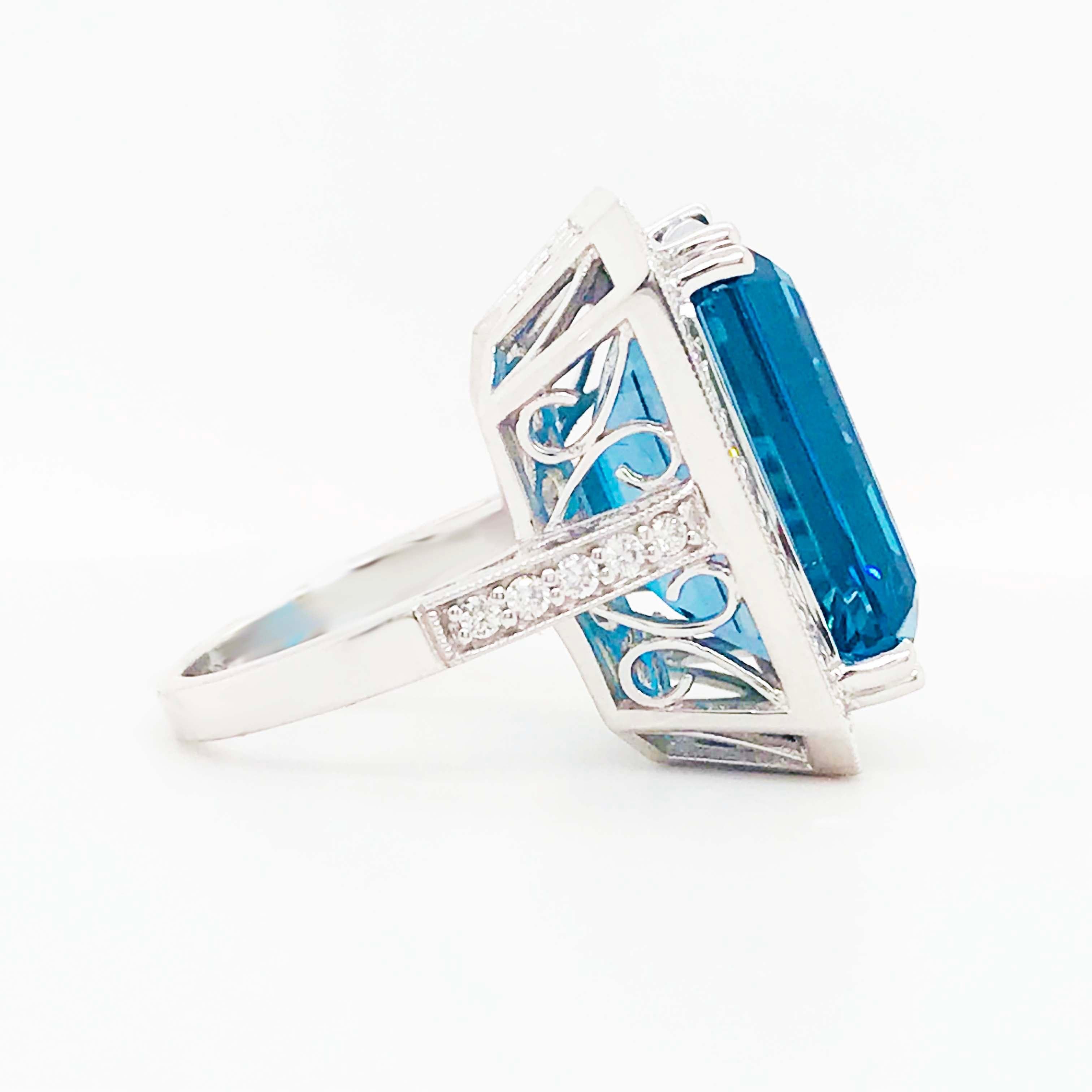 27 Carat Topaz & Diamond Halo Ring 14K White Gold Emerald Royal Ocean Blue Color 3