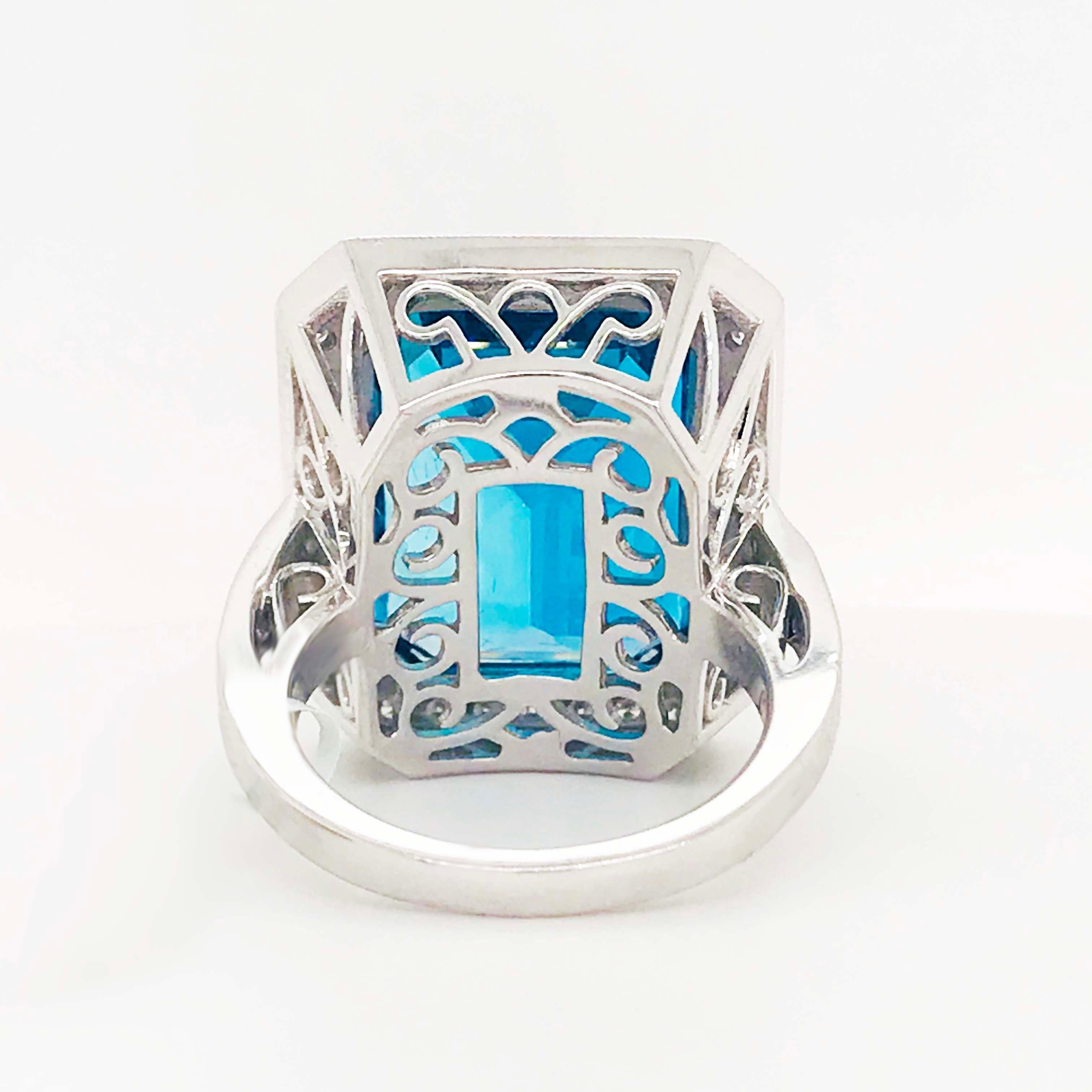 27 Carat Topaz & Diamond Halo Ring 14K White Gold Emerald Royal Ocean Blue Color 4