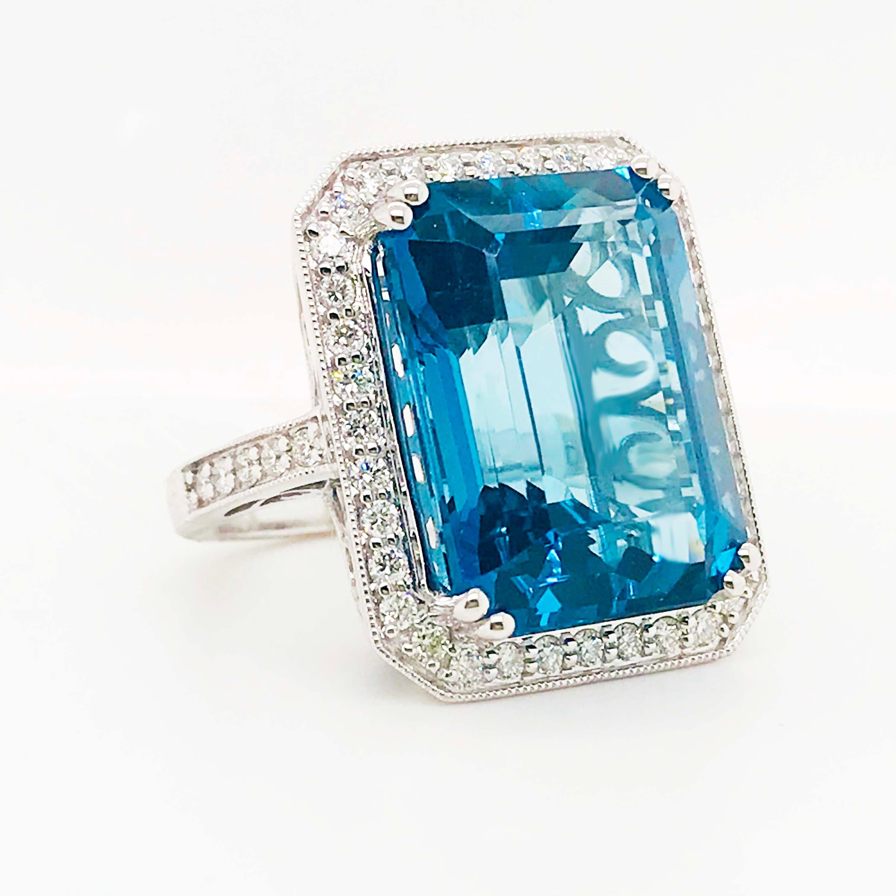 27 Carat Topaz & Diamond Halo Ring 14K White Gold Emerald Royal Ocean Blue Color 5