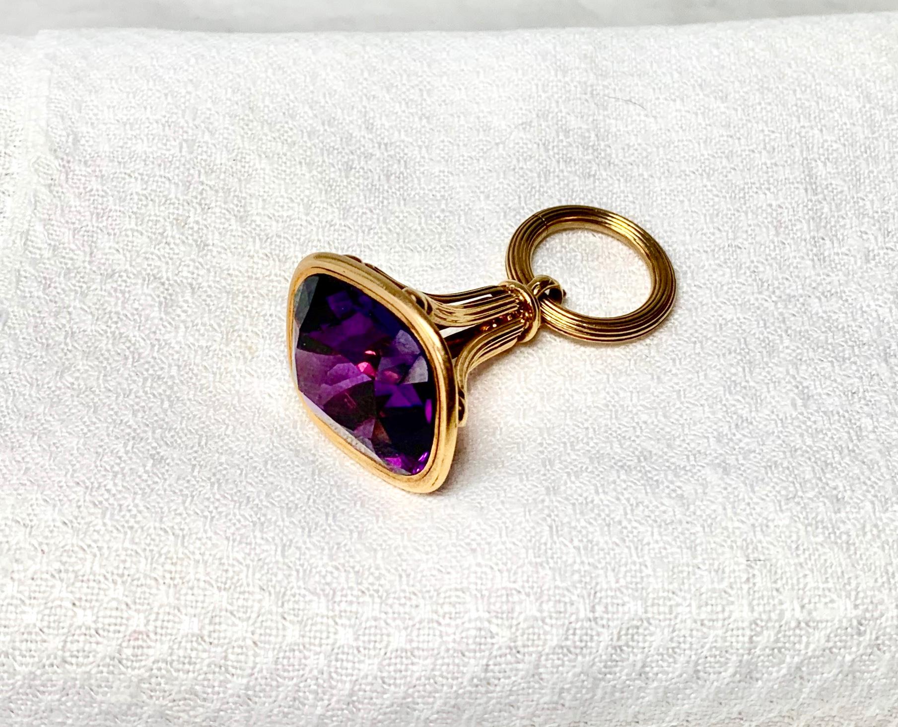 Octagon Cut 27 Carat Victorian Siberian Amethyst Fob Pendant Antique 14 Karat Gold