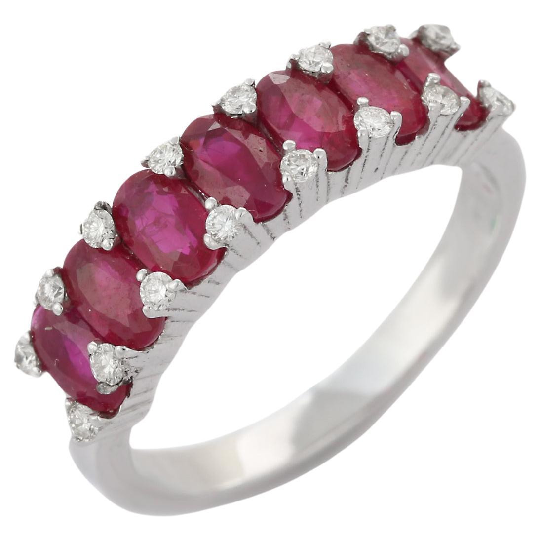 For Sale:  2.7 ct Ruby and Diamond Half Eternity Band 18K White Gold Ring