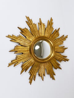 27“ French Convex Gilt Wood Sunburst Starburst Wall Mirror, France, 1950s