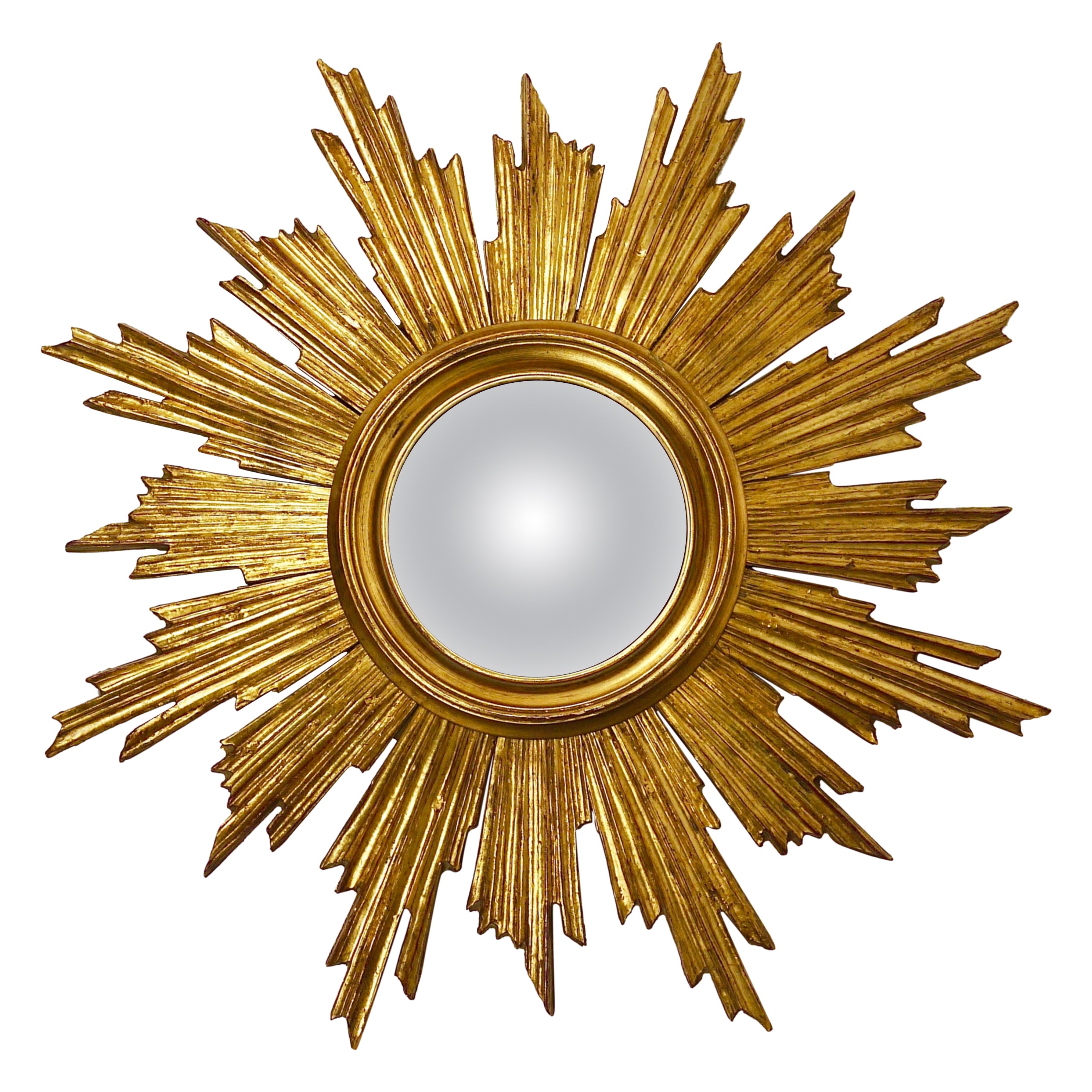 27 Französischer konvexer vergoldeter Wood Sunburst Starburst Wandspiegel, Frankreich, 1950er Jahre im Angebot