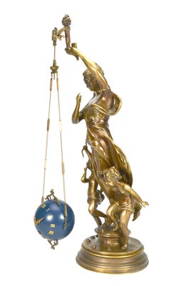 27" French Style Mystery Brass Lady Cherub Upside Down Chain Ball Swinging Clock