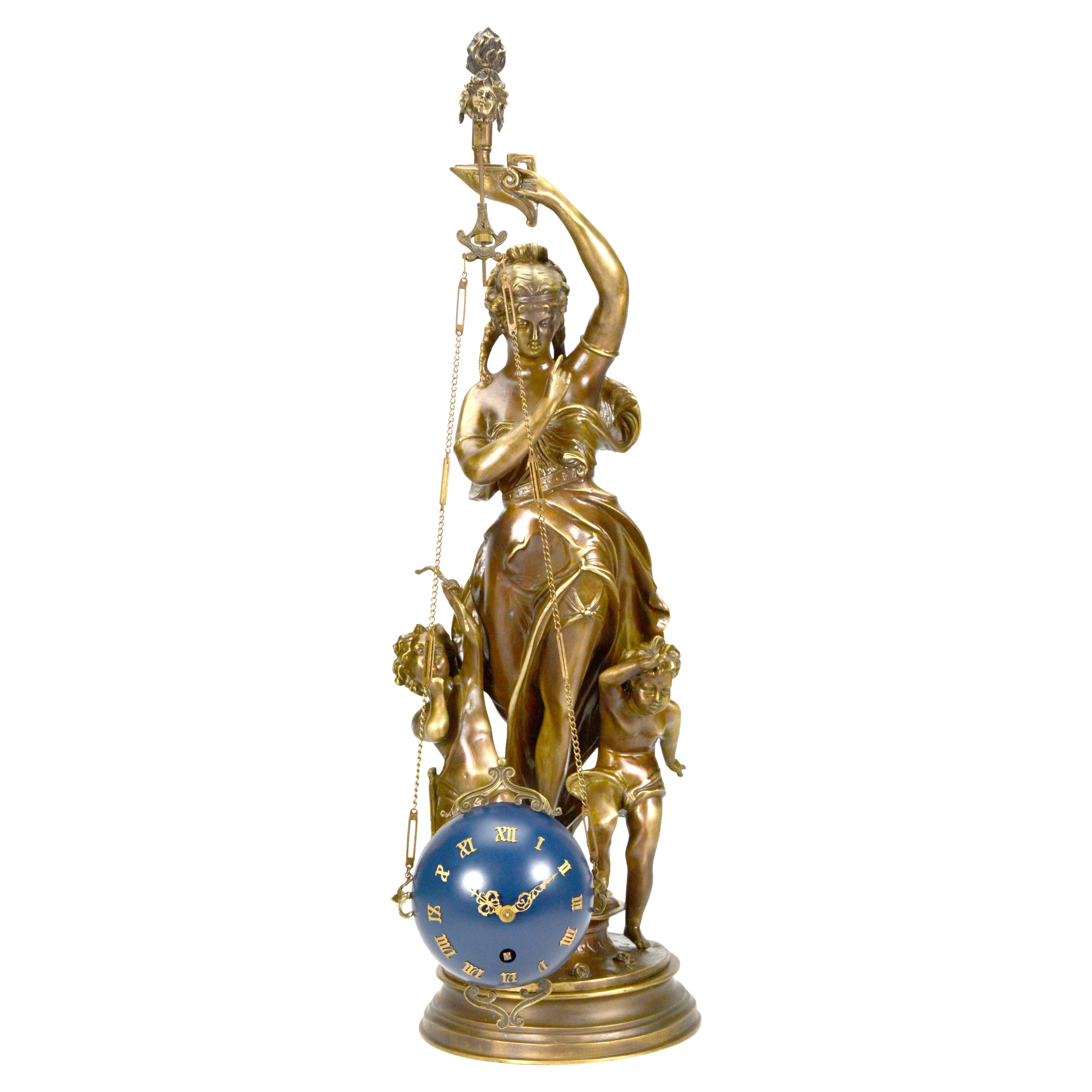 27" Französische Mystery Messing Lady Cherub Upside Down Kette Kugel drehbare Uhr, französischer Stil im Angebot