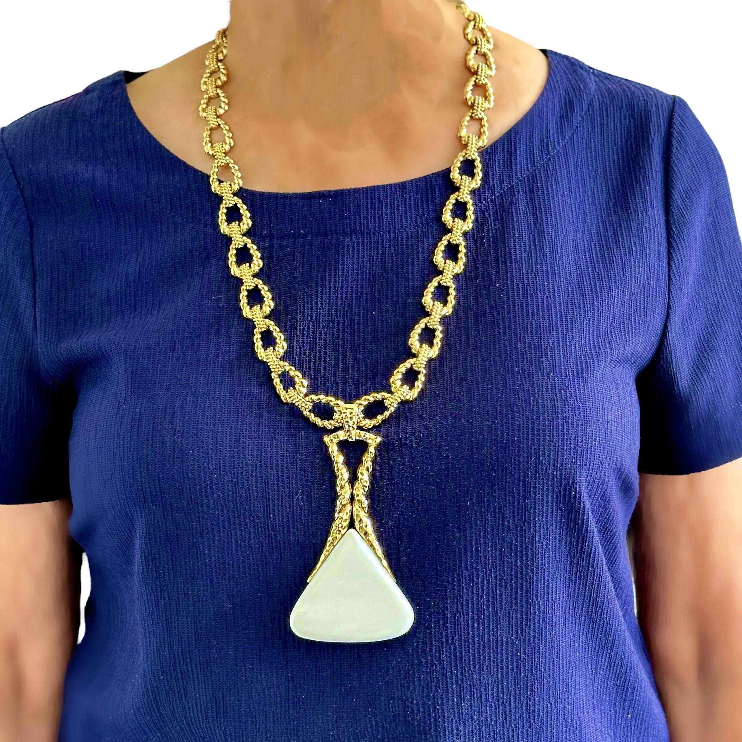 27 Inch Link Gold Necklace with White Onyx Pendant by French Designer Wander  8