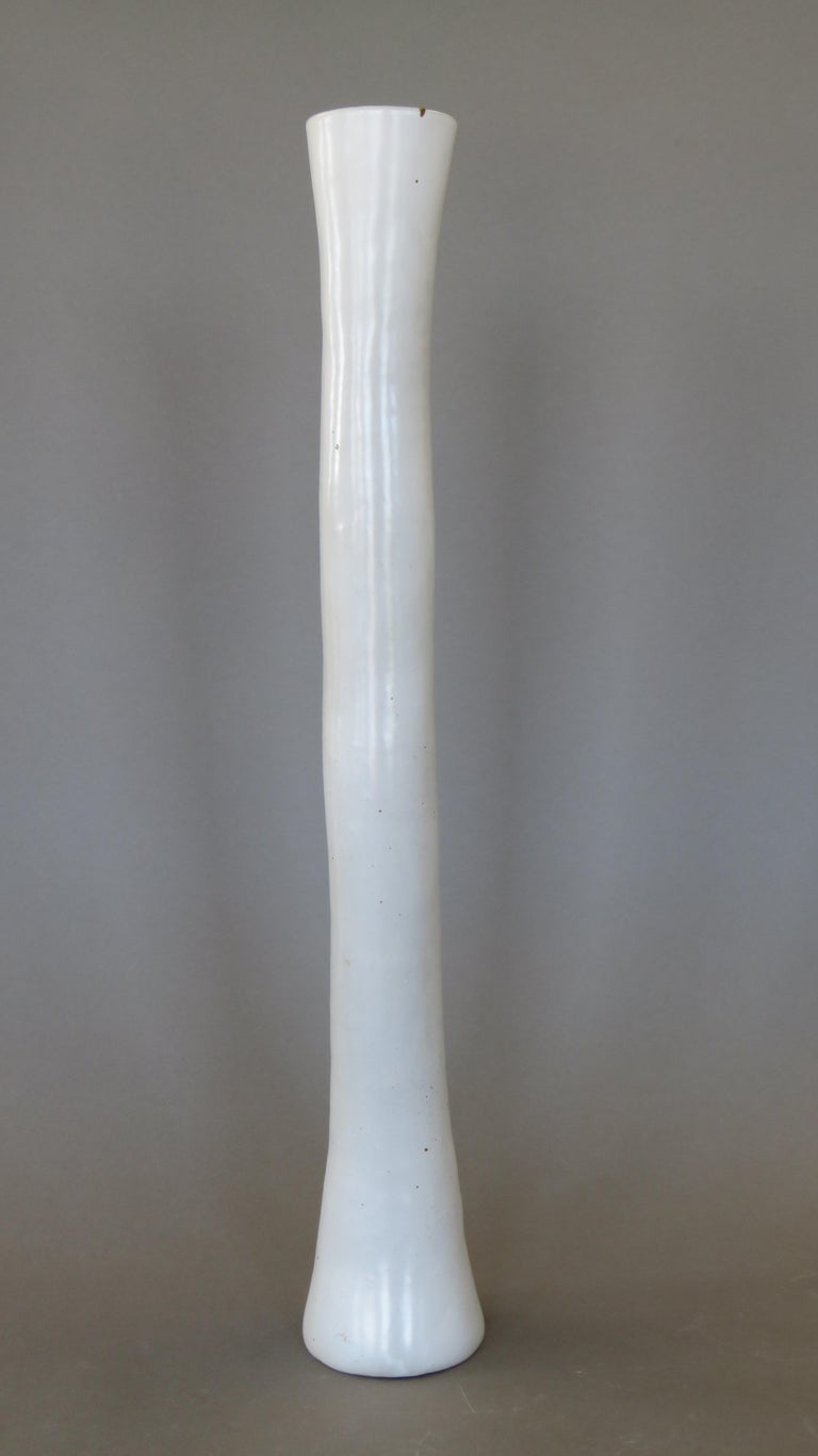 Hand-Crafted Tubular Handbuilt Ceramic Vase, White Glaze on White Stoneware, 27 Inches Tall For Sale