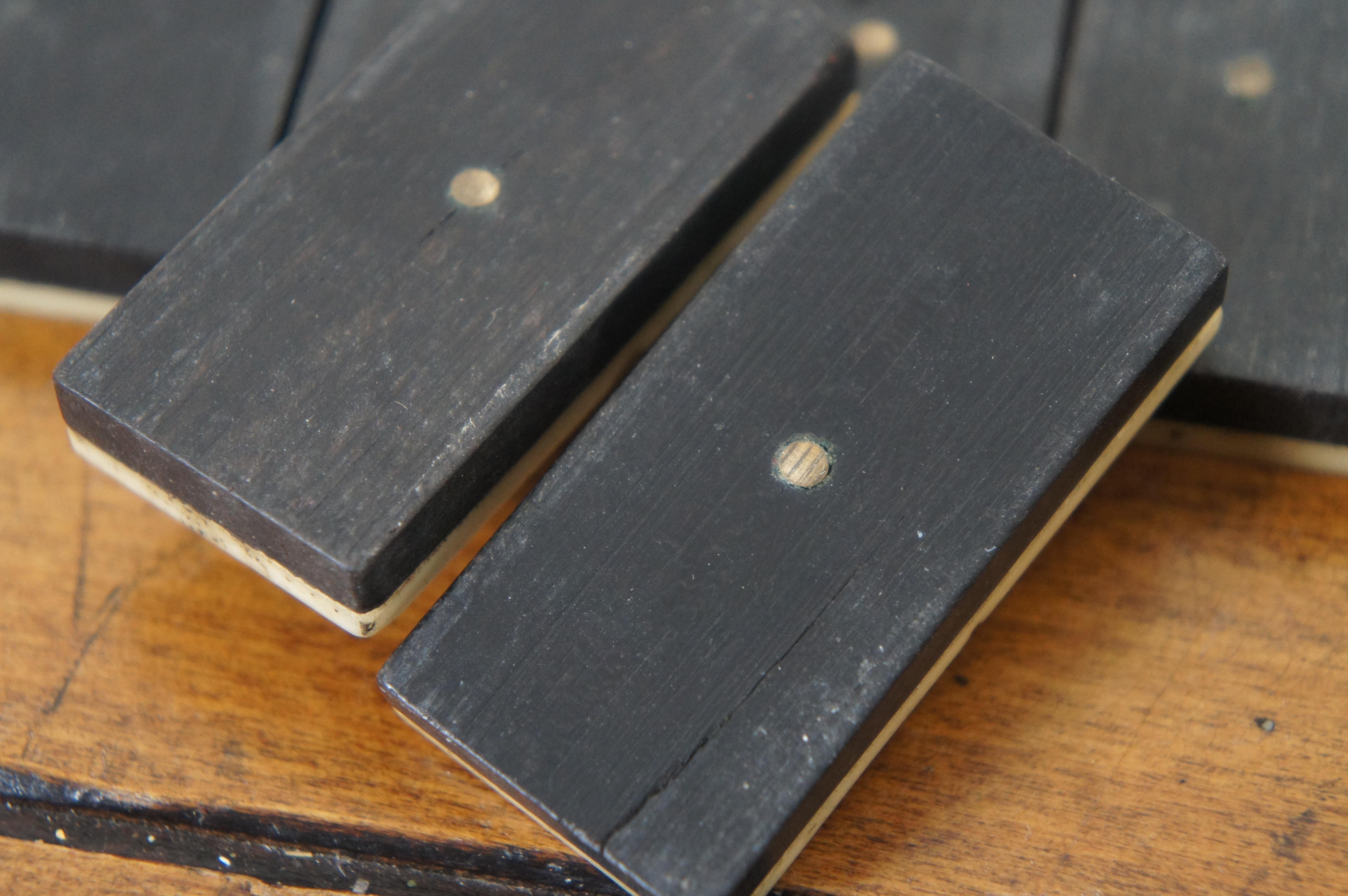 27 Pc Antique Ebony Wood Brass Pinned Bovine Bone Dominoes Game Tiles 5