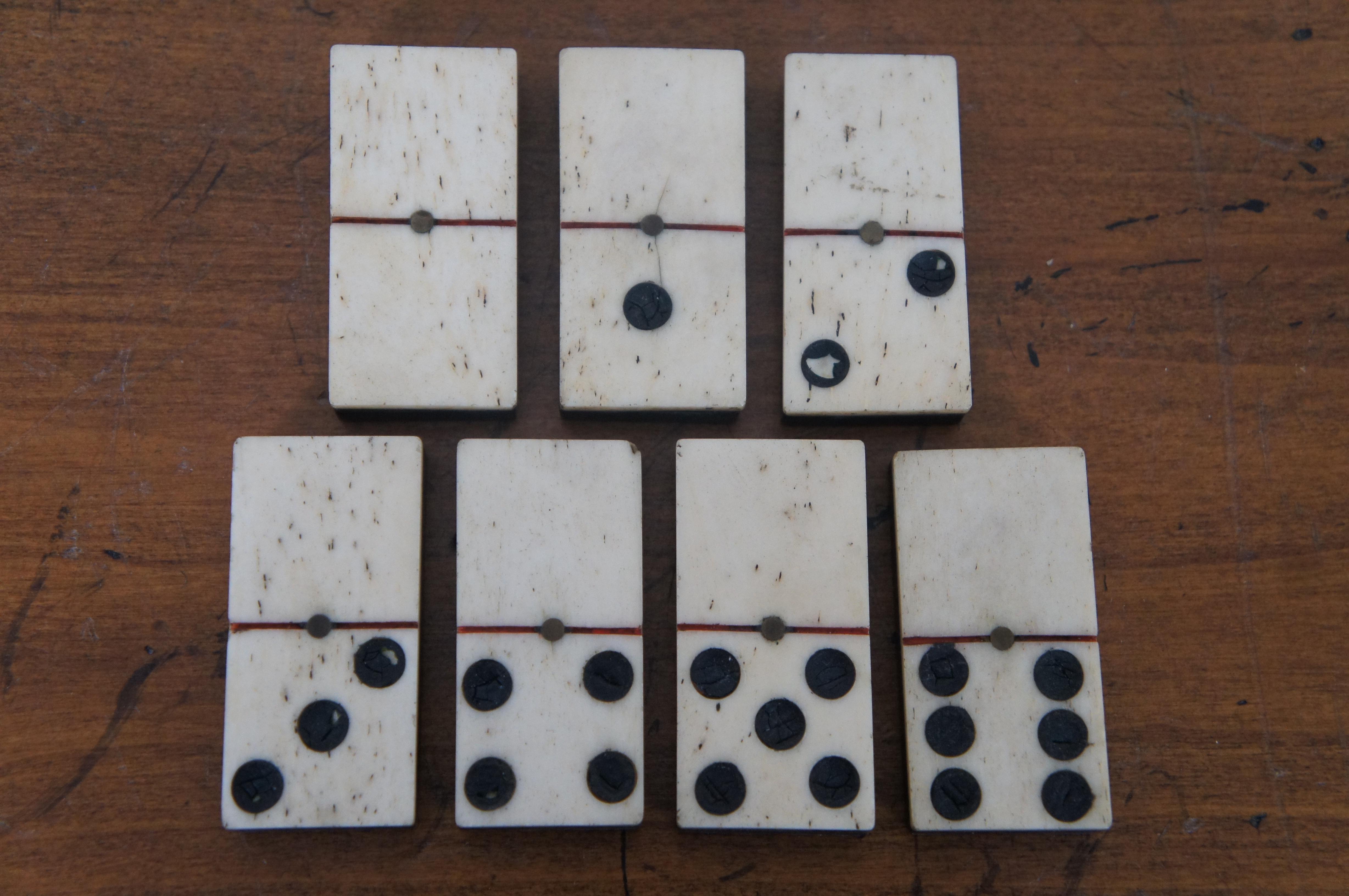 27 Pc Antique Ebony Wood Brass Pinned Bovine Bone Dominoes Game Tiles In Good Condition In Dayton, OH