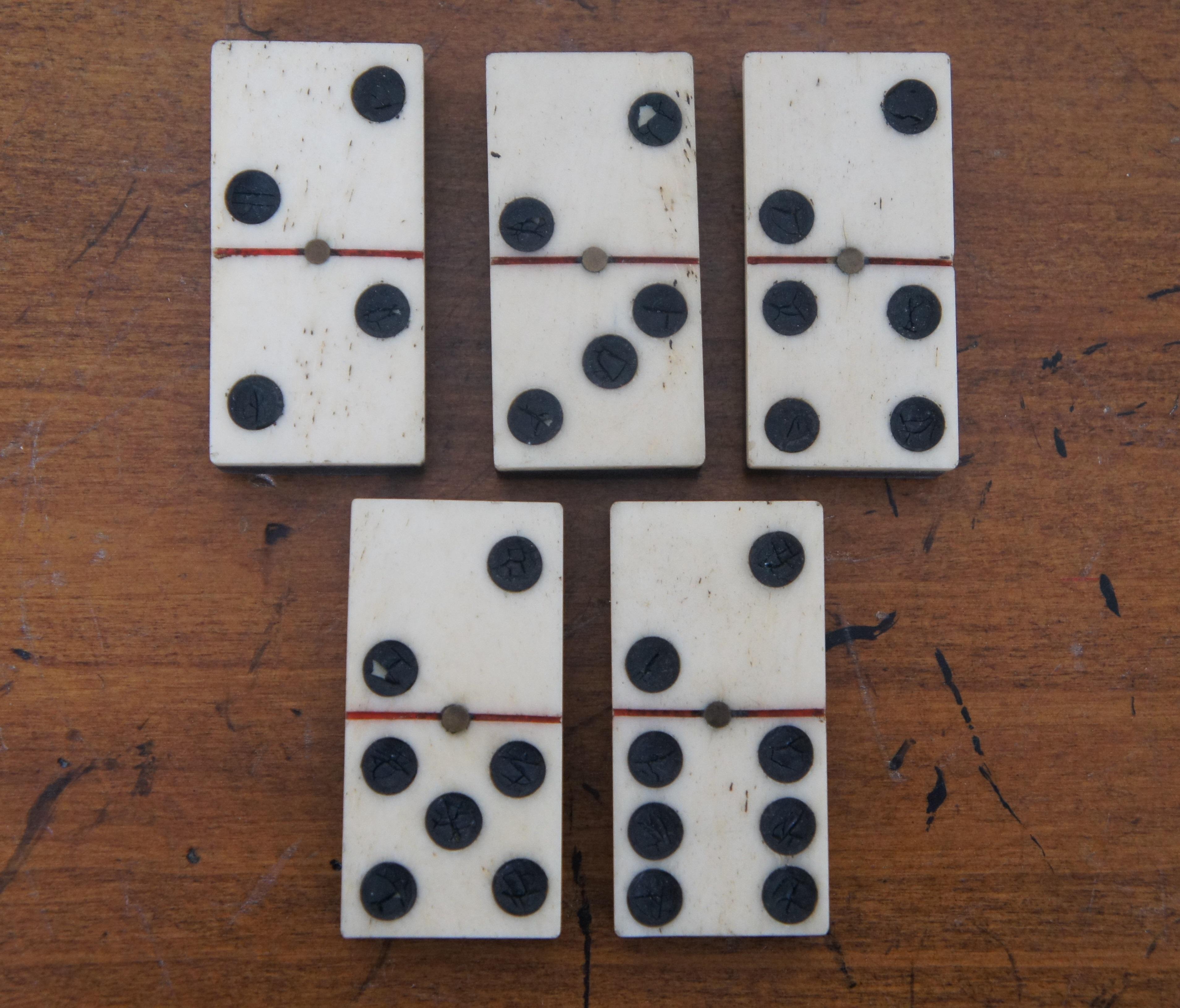 27 Pc Antique Ebony Wood Brass Pinned Bovine Bone Dominoes Game Tiles 1