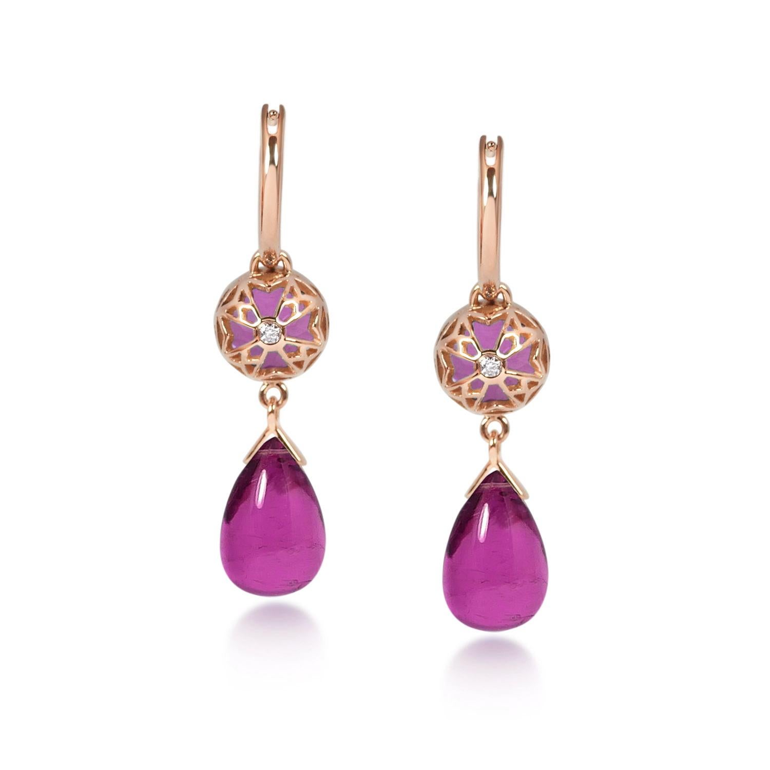 Contemporary 2.60 & 7.10 Carats Pink Tourmalines 18 Karat Rose Gold Drop Earrings For Sale