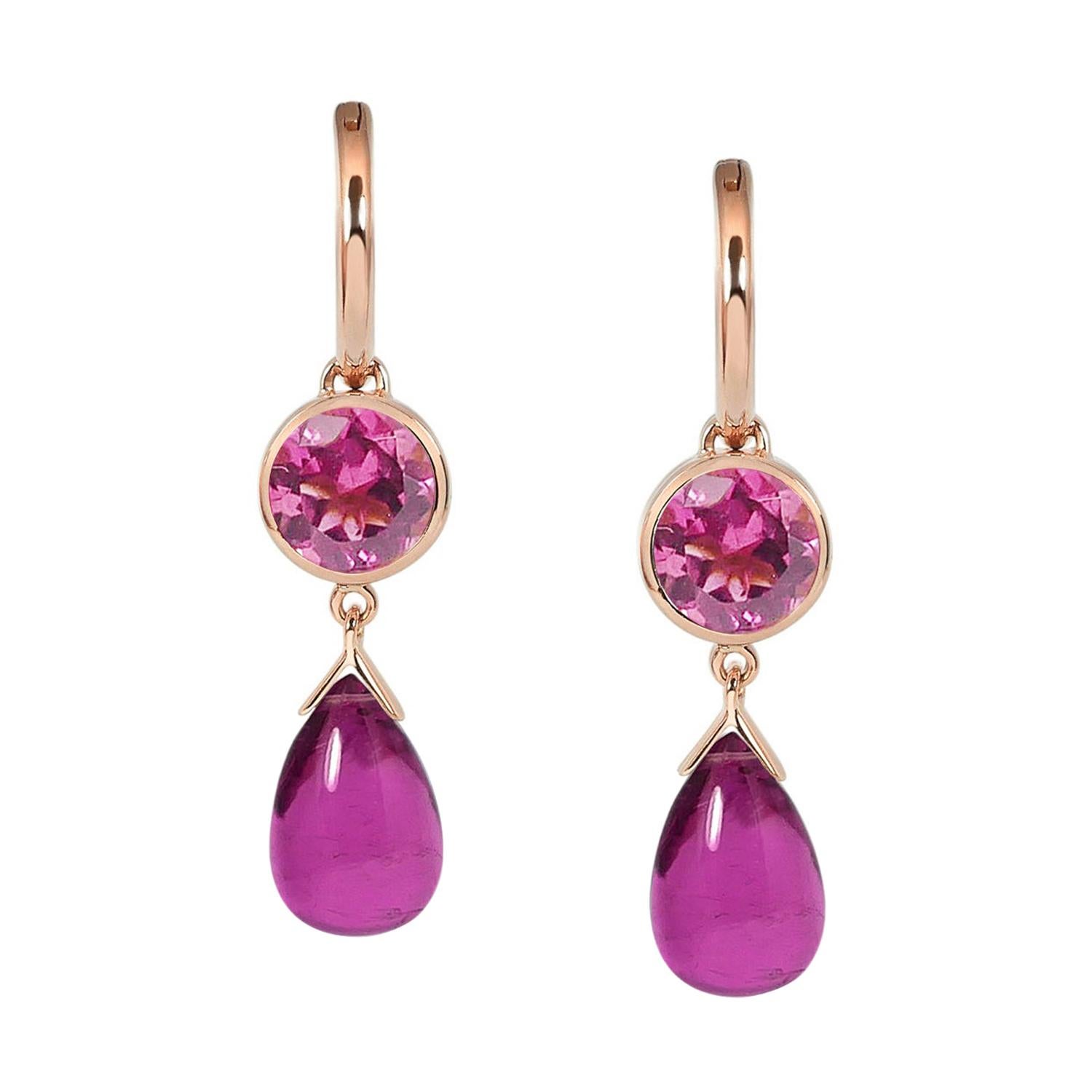 2.60 & 7.10 Carats Pink Tourmalines 18 Karat Rose Gold Drop Earrings For Sale