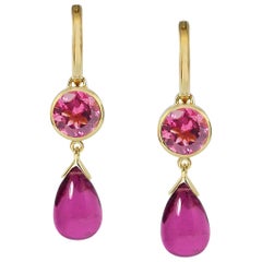 2.60 & 7.10 Carats Pink Tourmalines 18 Karat Yellow Gold Drop Earrings