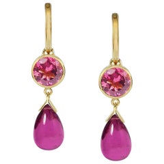 Boucles d'oreilles en goutte en or jaune 18 carats avec tourmalines roses de 2,60 et 7,10 carats