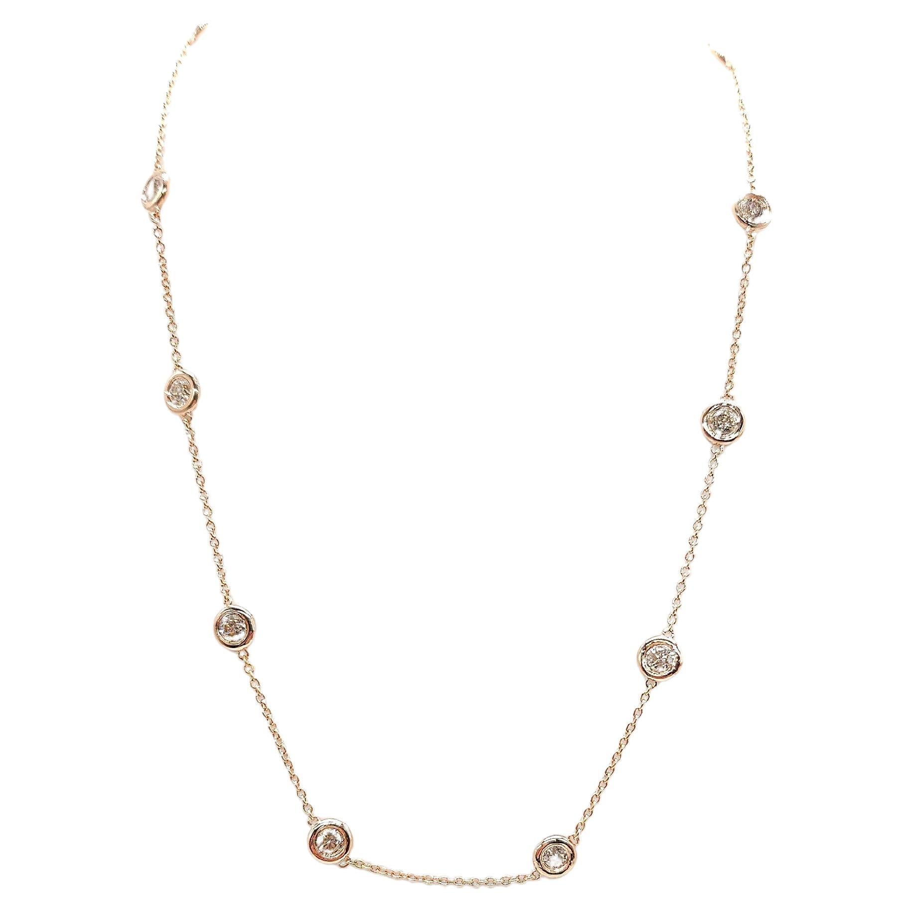 2.70 Carat 10 Station Diamond by the Yard Necklace 14 Karat Rose Gold 16" For Sale