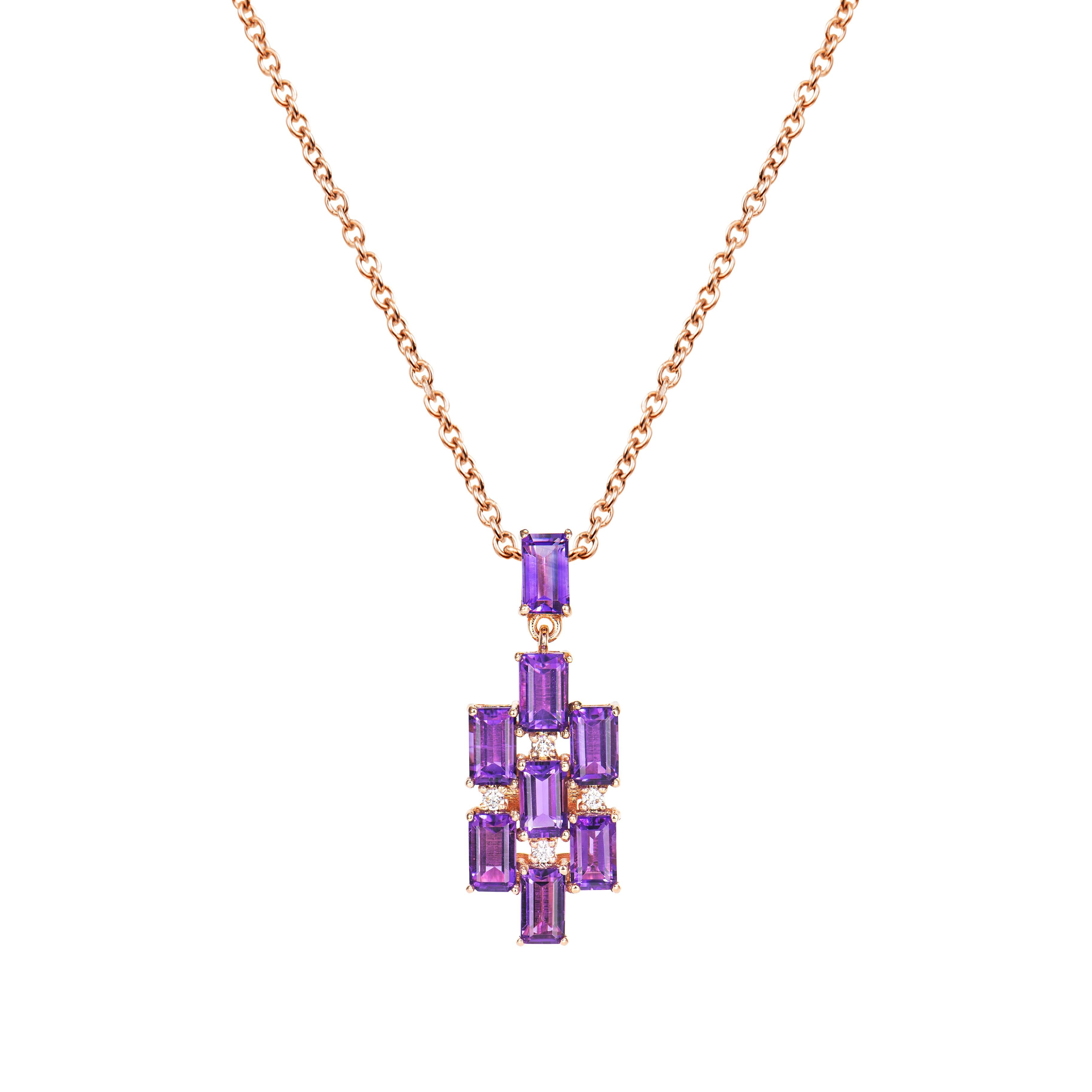 It is a fancy amethyst pendant in an octagon shape. This pendant made of precious stone has a timeless, exquisite appeal that can be worn on a variety of occasions. Materials such as amethyst, citrine, and rhodolite are suitable. One of these is a